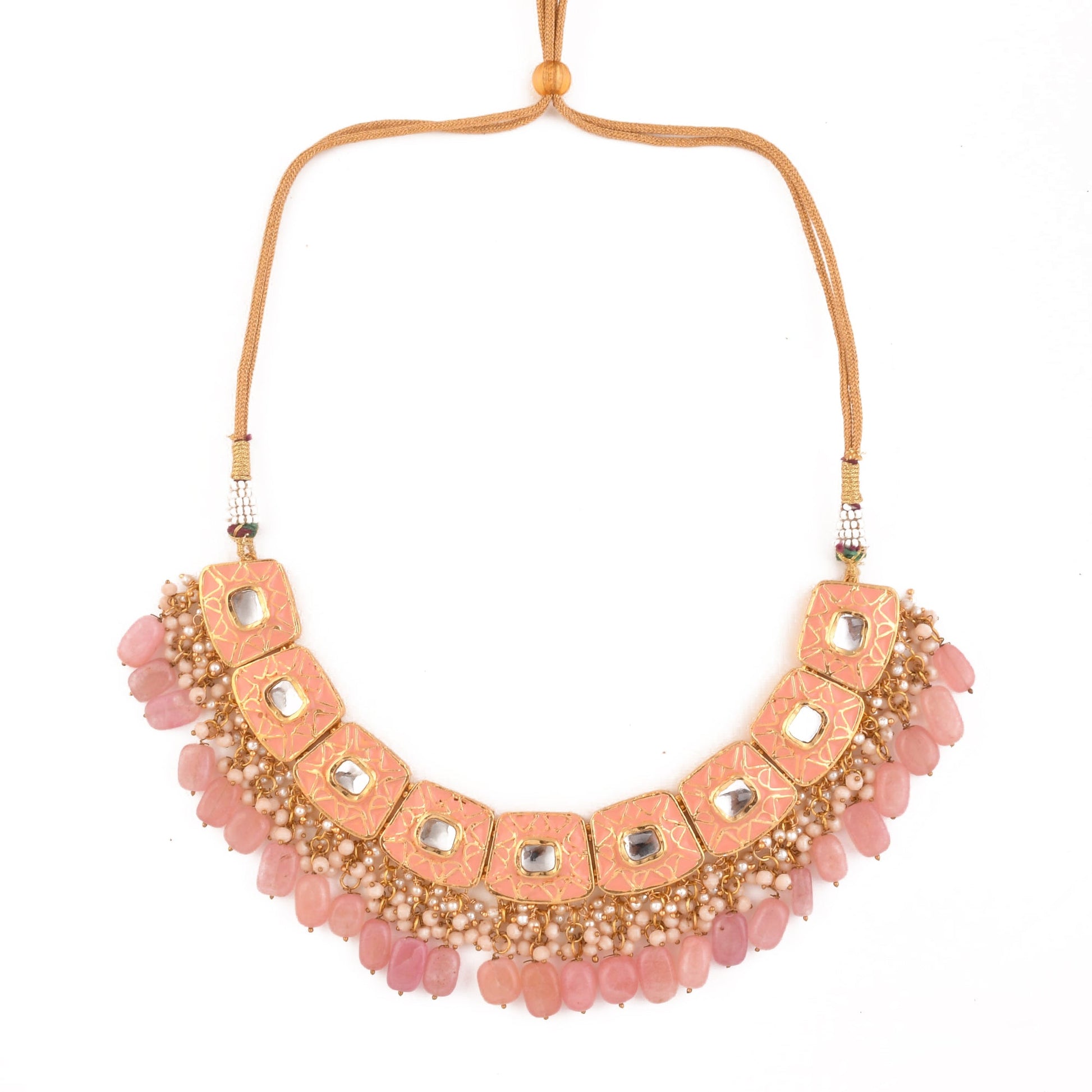 Handcrafted Kundan Peach enameled necklace with earrings & Maang Tikka