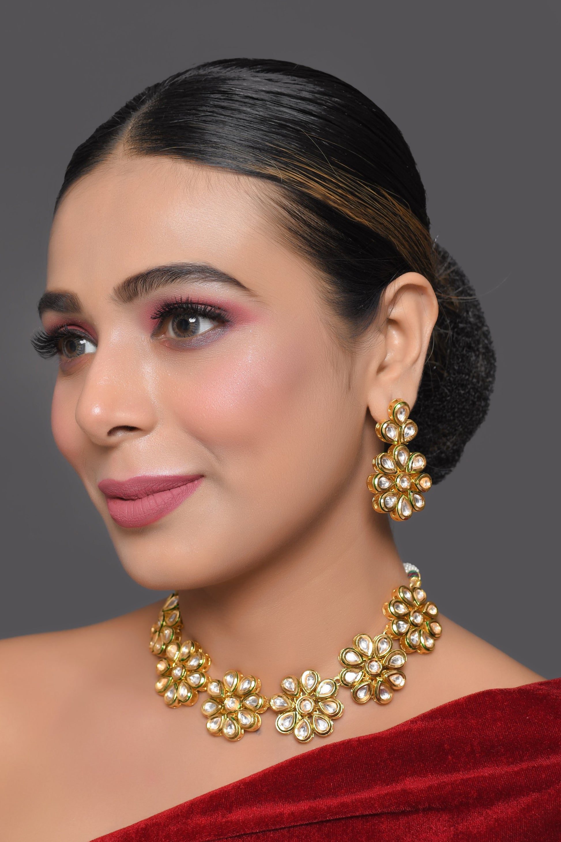 Handcafted Floral Kundan necklace with earrings