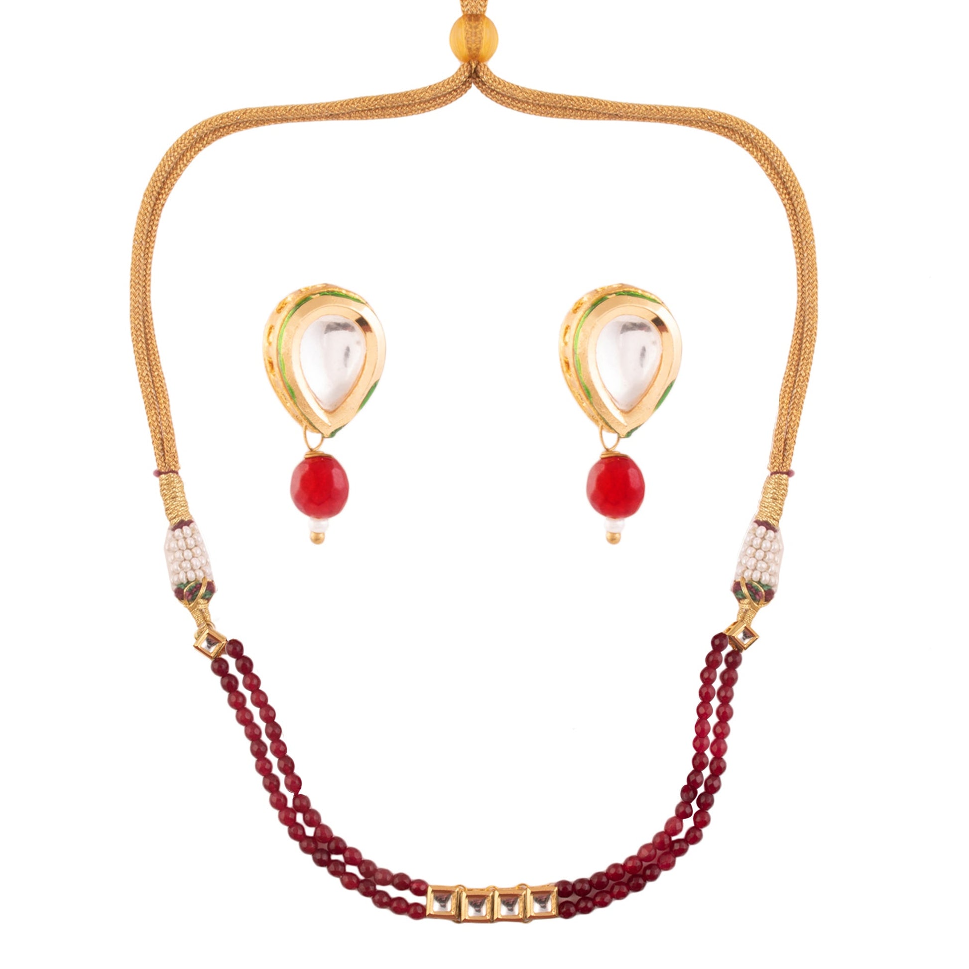 Mahroon beaded Gold toned kundan inspired choker with earrings