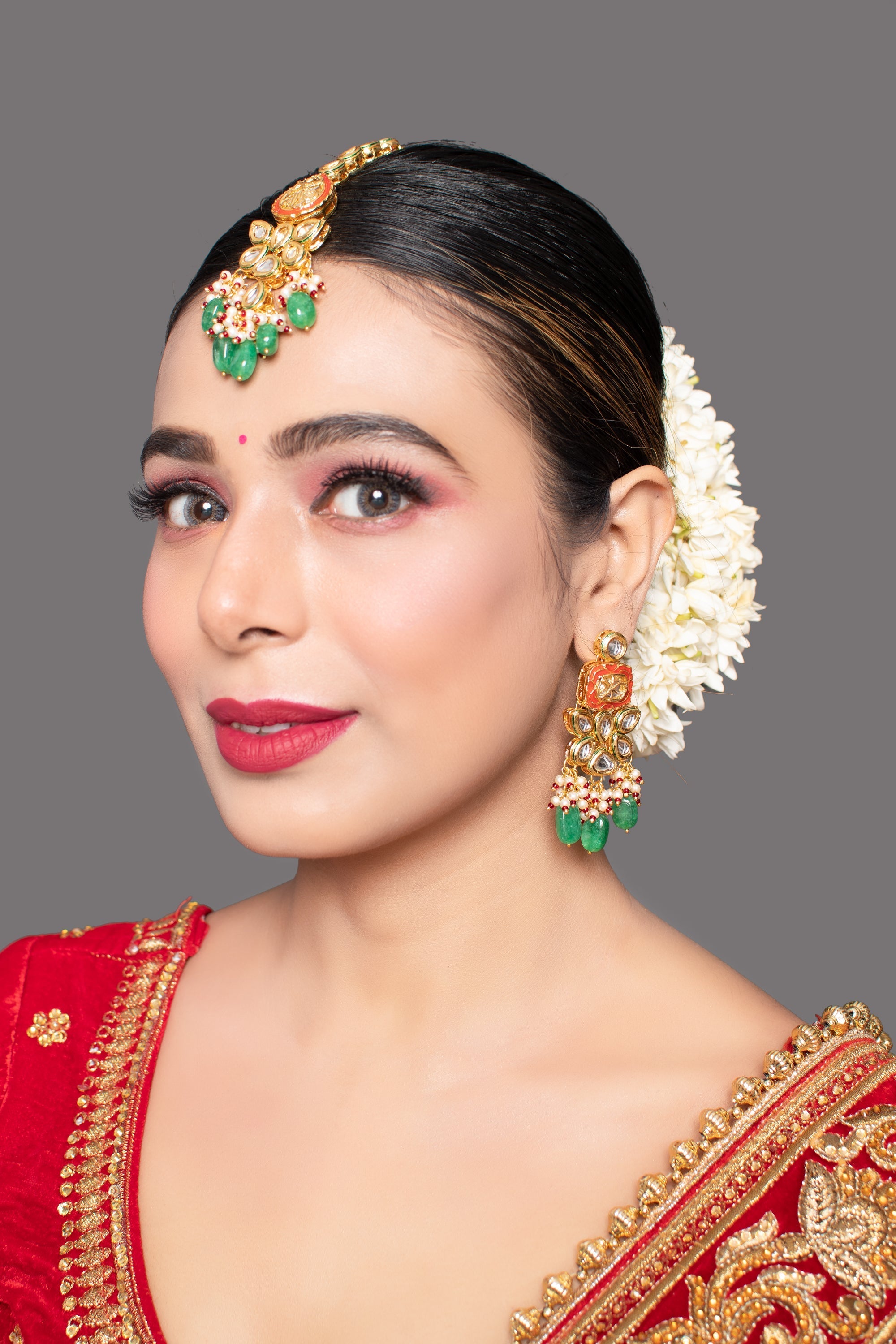 Red Gold toned Kundan earrings with Maang Tikka