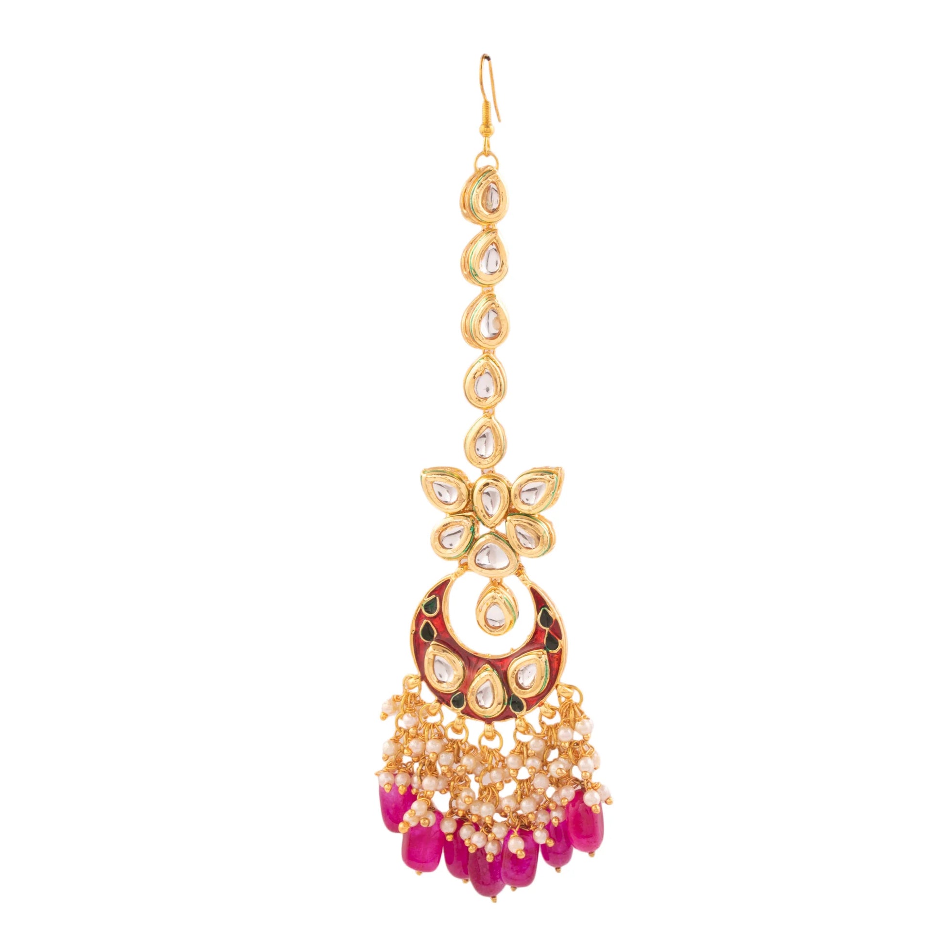 Kundan inspired mahroon enameled earrings with Maang Tikka