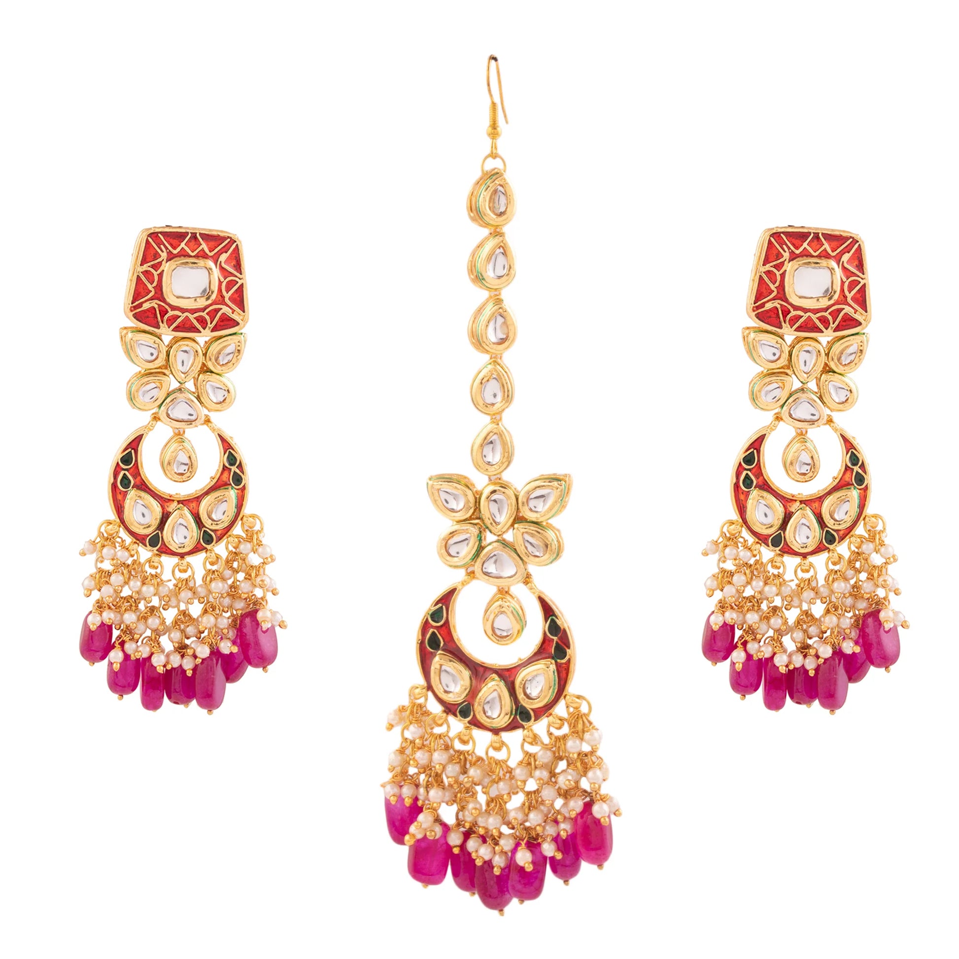 Kundan inspired mahroon enameled earrings with Maang Tikka