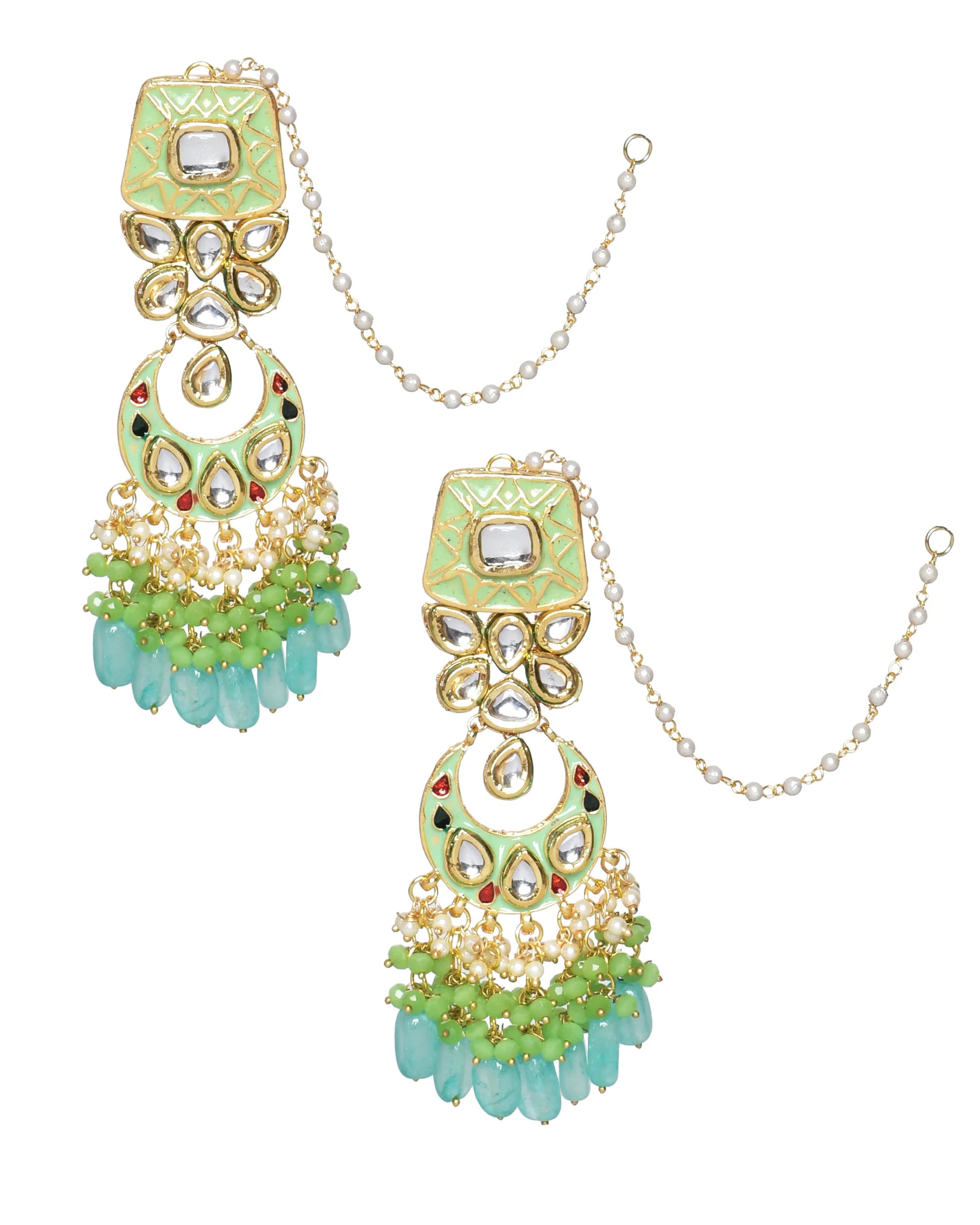 Green enameled Kundan earrings with Maang Tikka