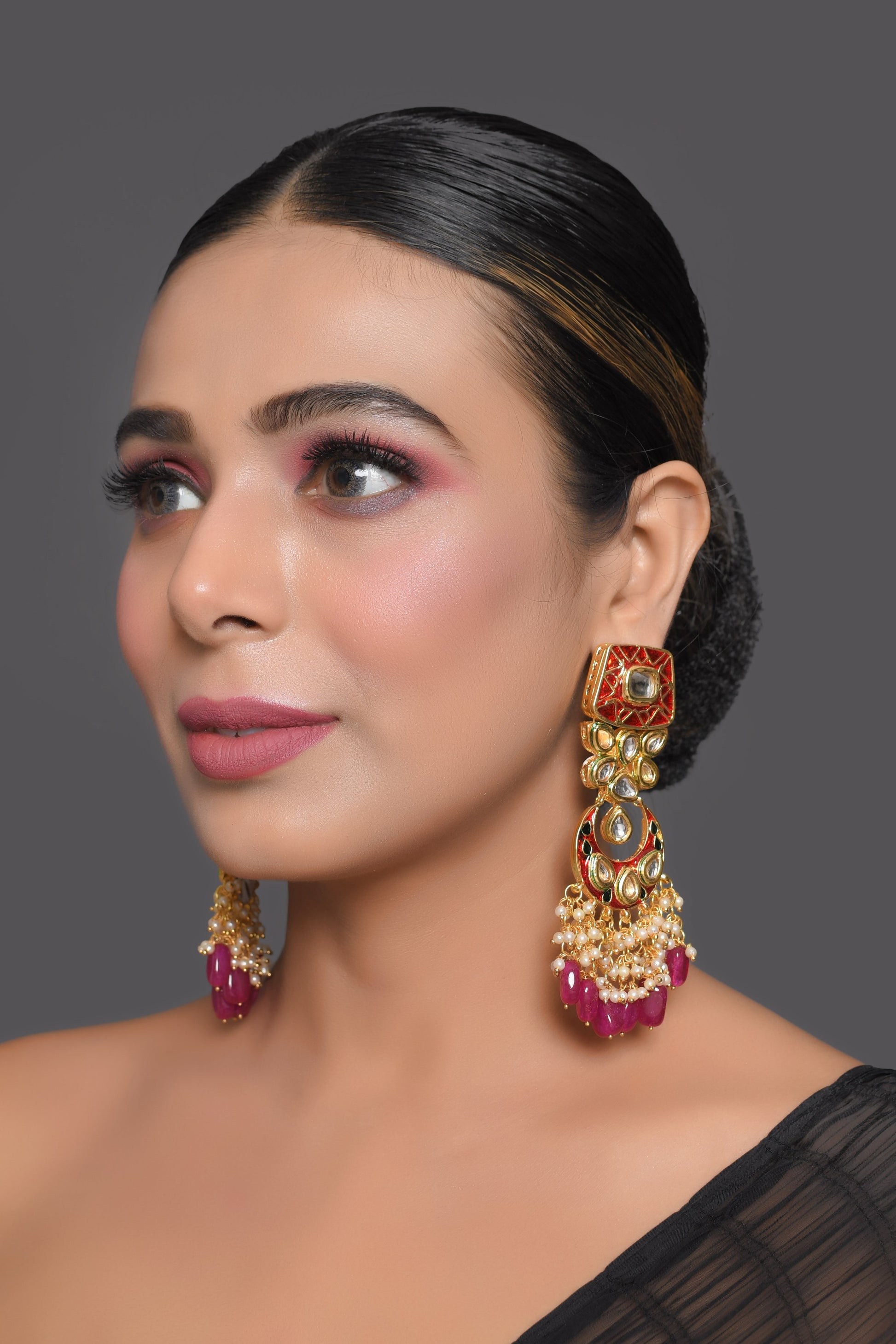 Kundan inspired mahroon enameled earrings