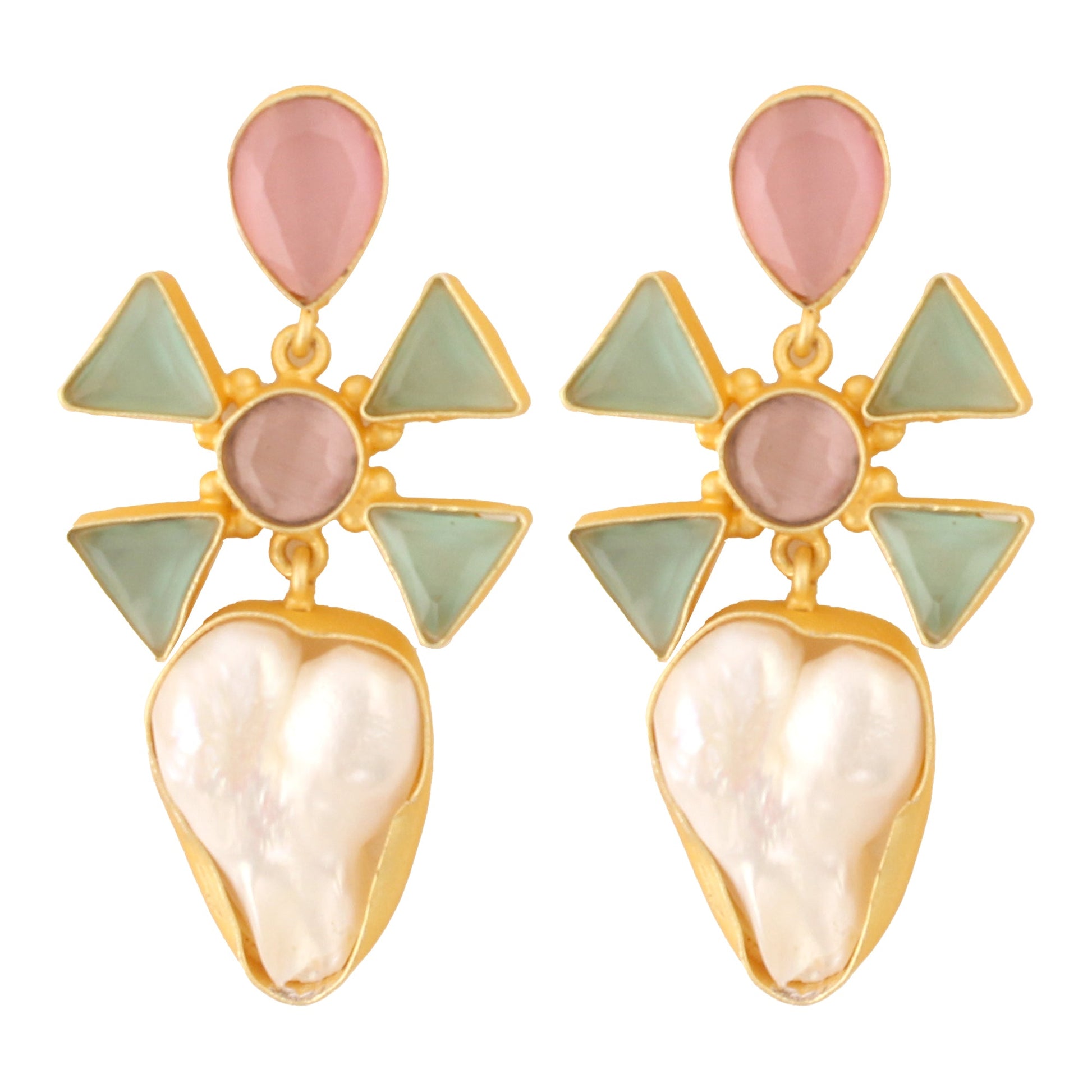 Pink Green Monalisa stone & baroque pearl earrings