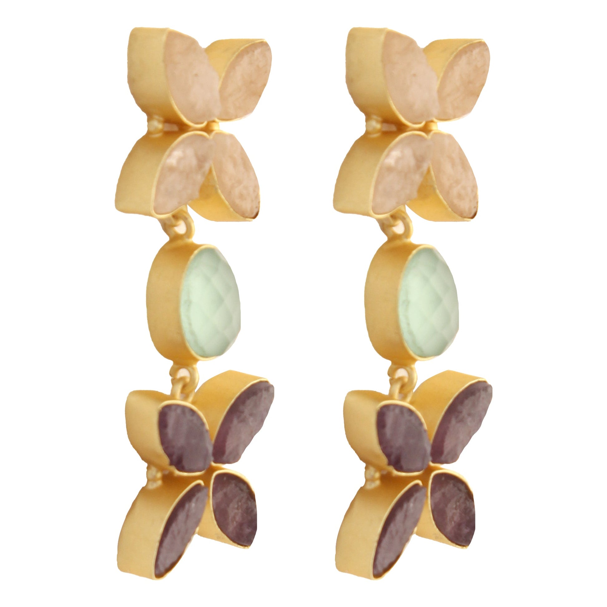 Semiprecious Rose quartz, Aqua Chalcedony & Amethyst Earrings