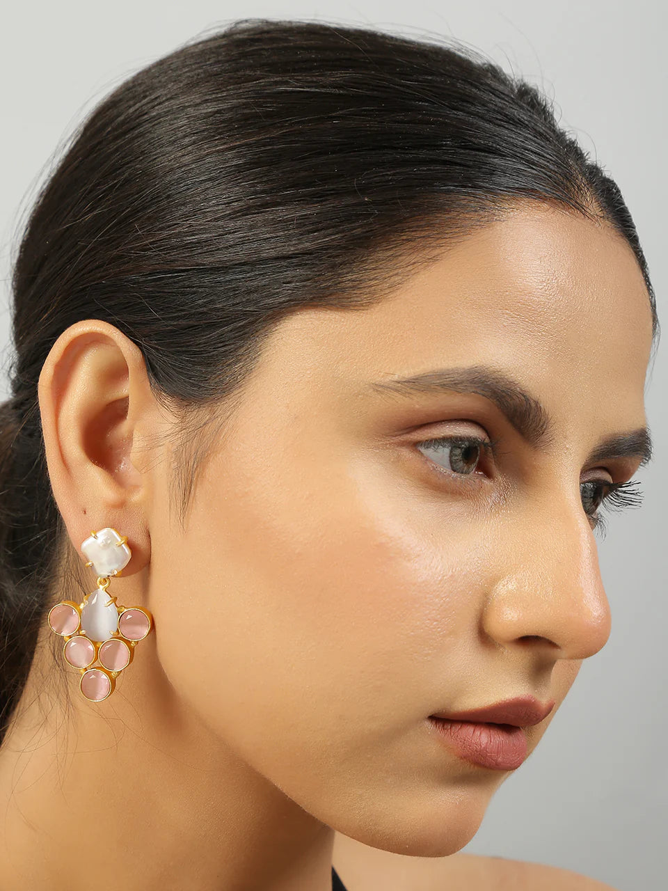 Grey Pink Monalisa stone & Fresh water pearl Earrings