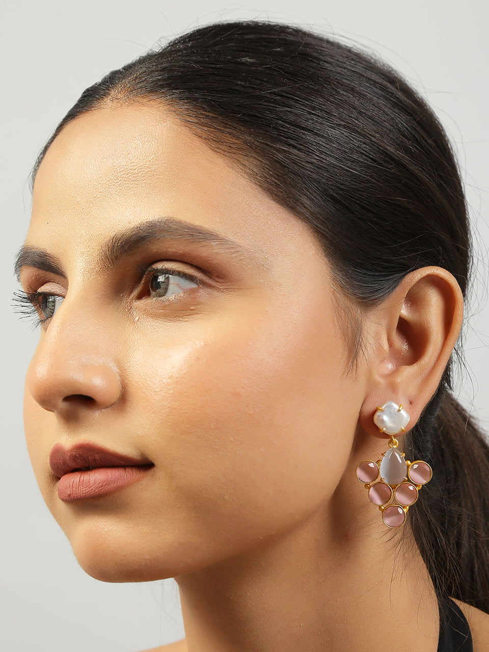 Grey Pink Monalisa stone & Fresh water pearl Earrings