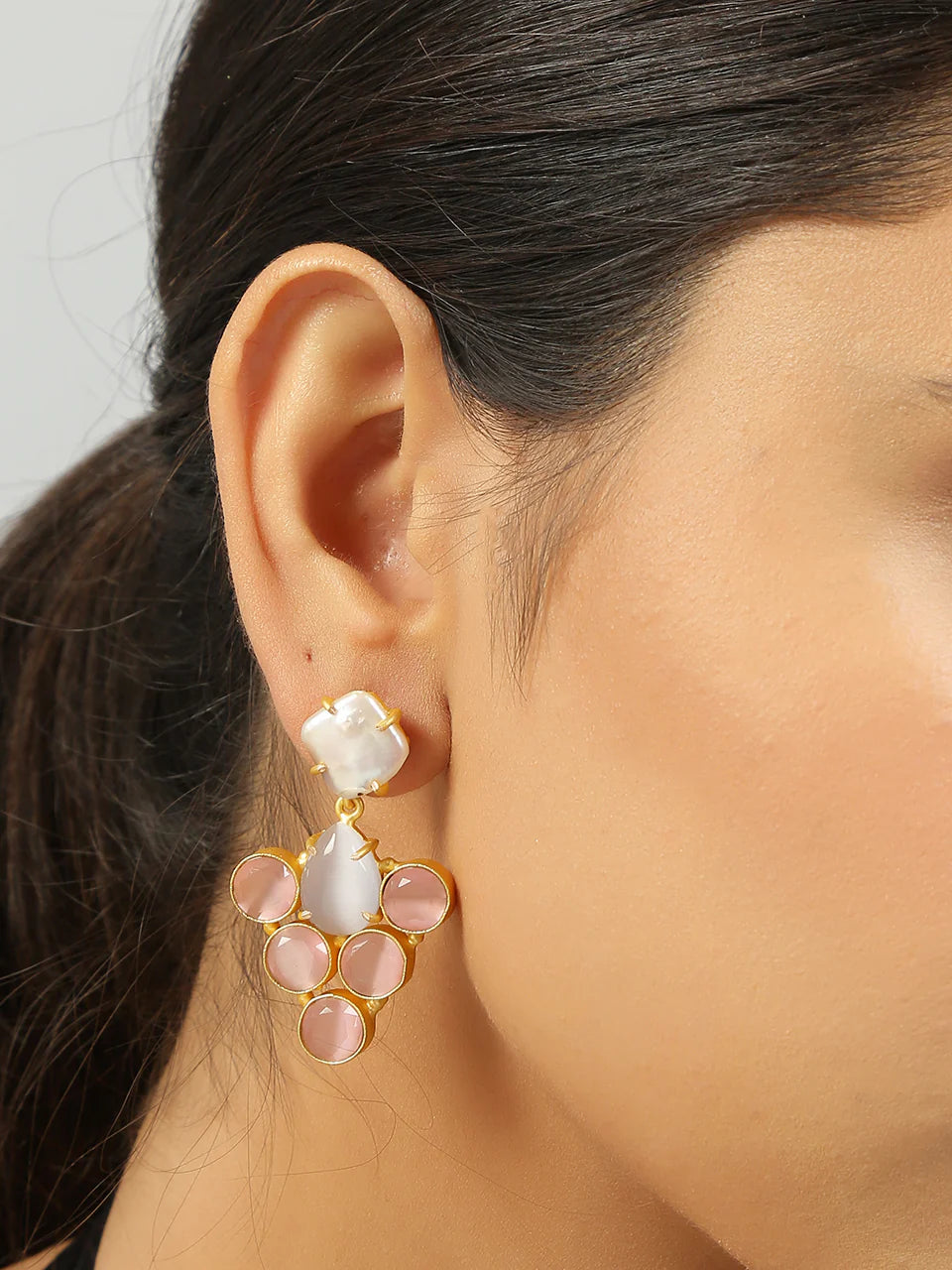 Grey Pink Monalisa stone & Fresh water pearl Earrings