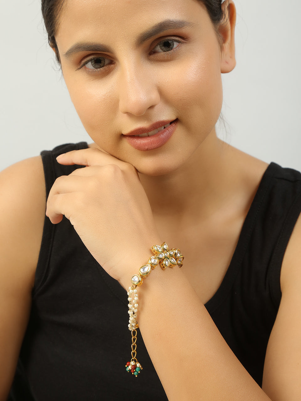 Floral Kundan Gold Tone bracelet with multicolor beads