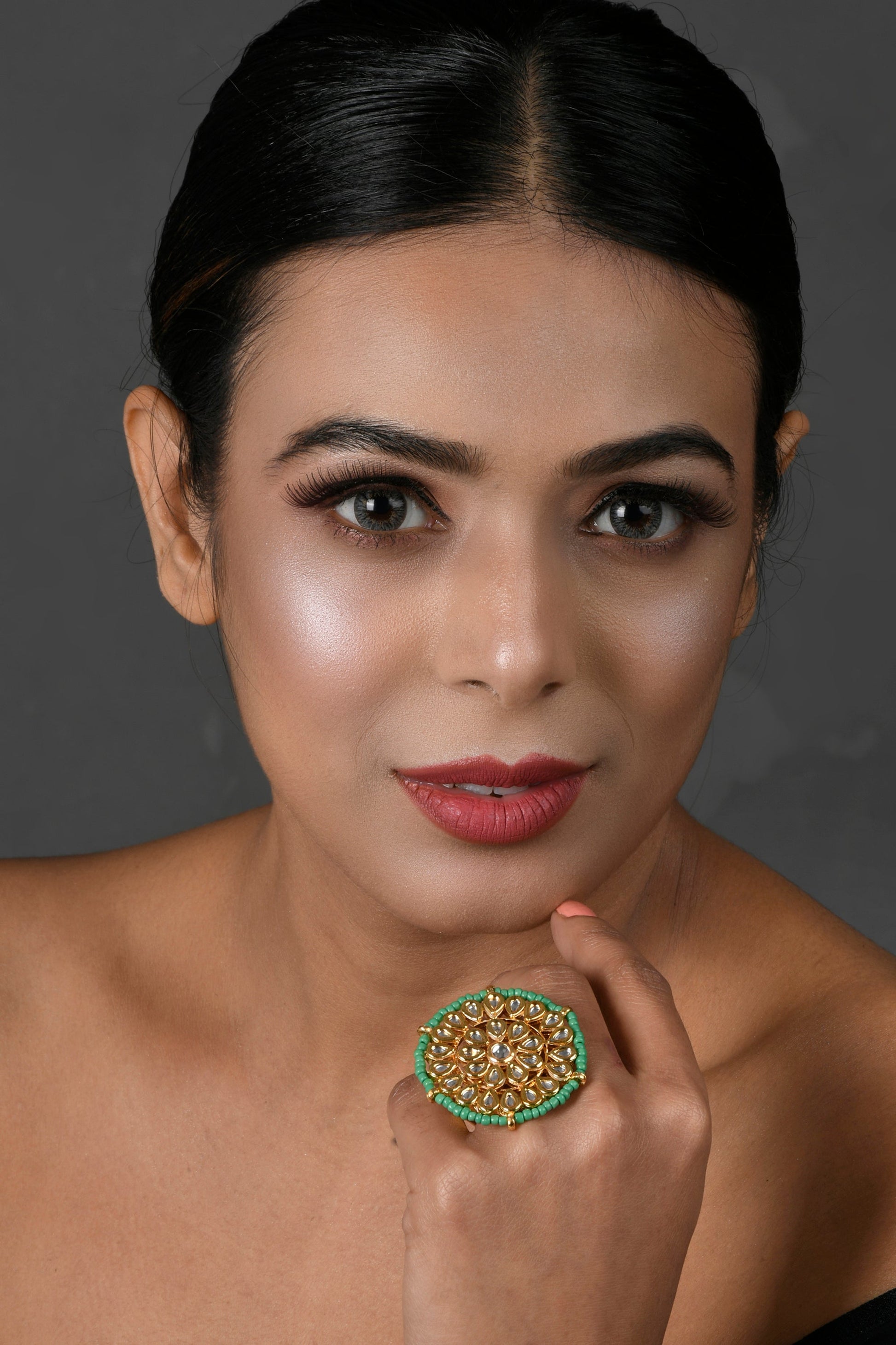 Green beaded Handcrafted Kundan ring