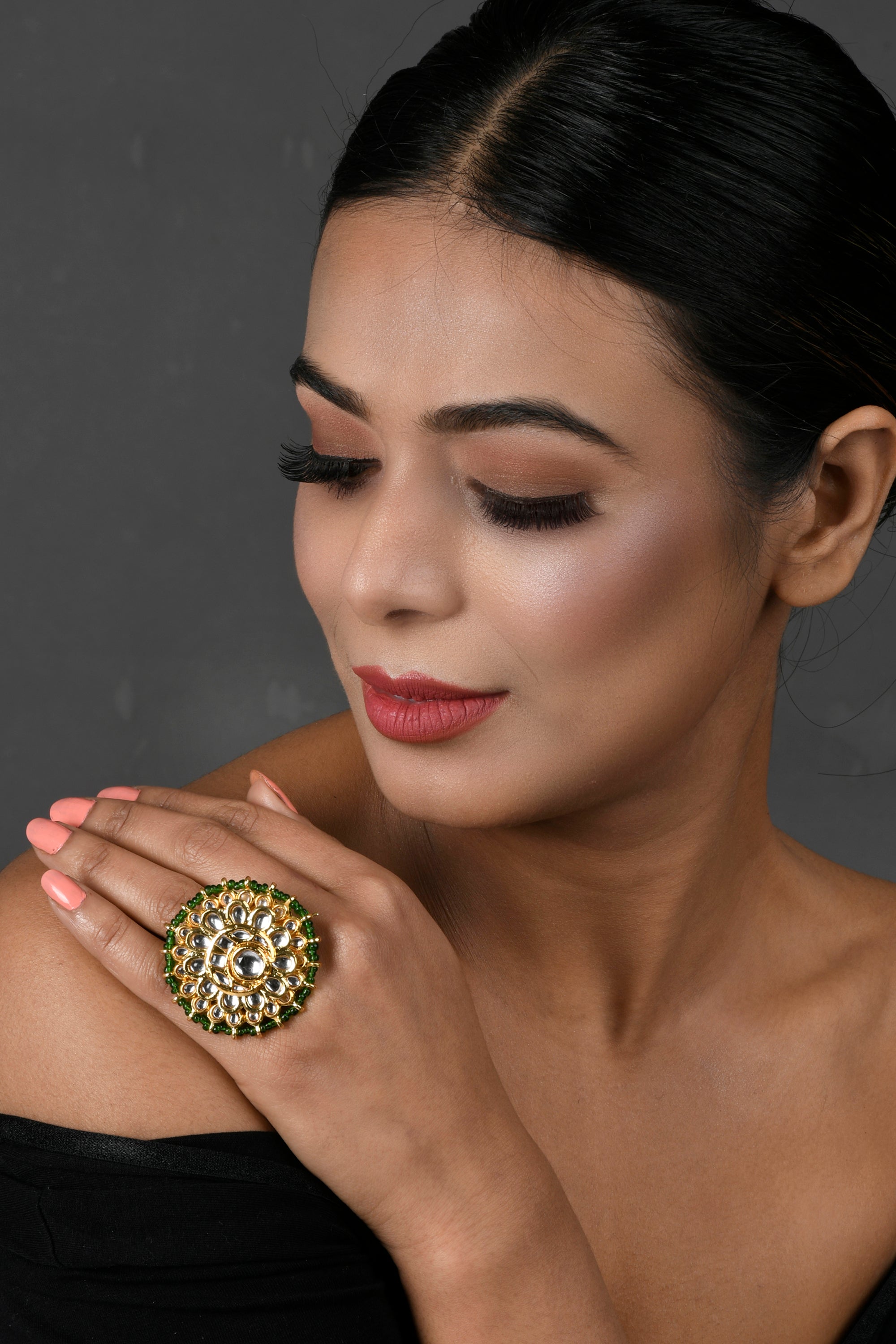 Classic Gold Tone Kundan-Inspired Pearl Beaded Adjustable Ring