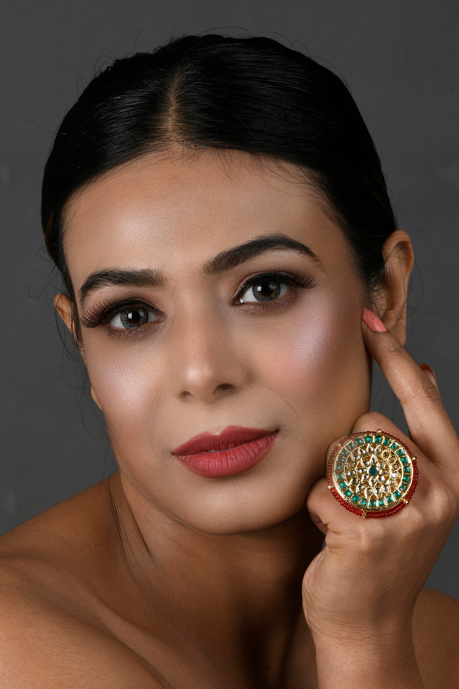 Green beaded Gold Tone Adjustable Kundan ring