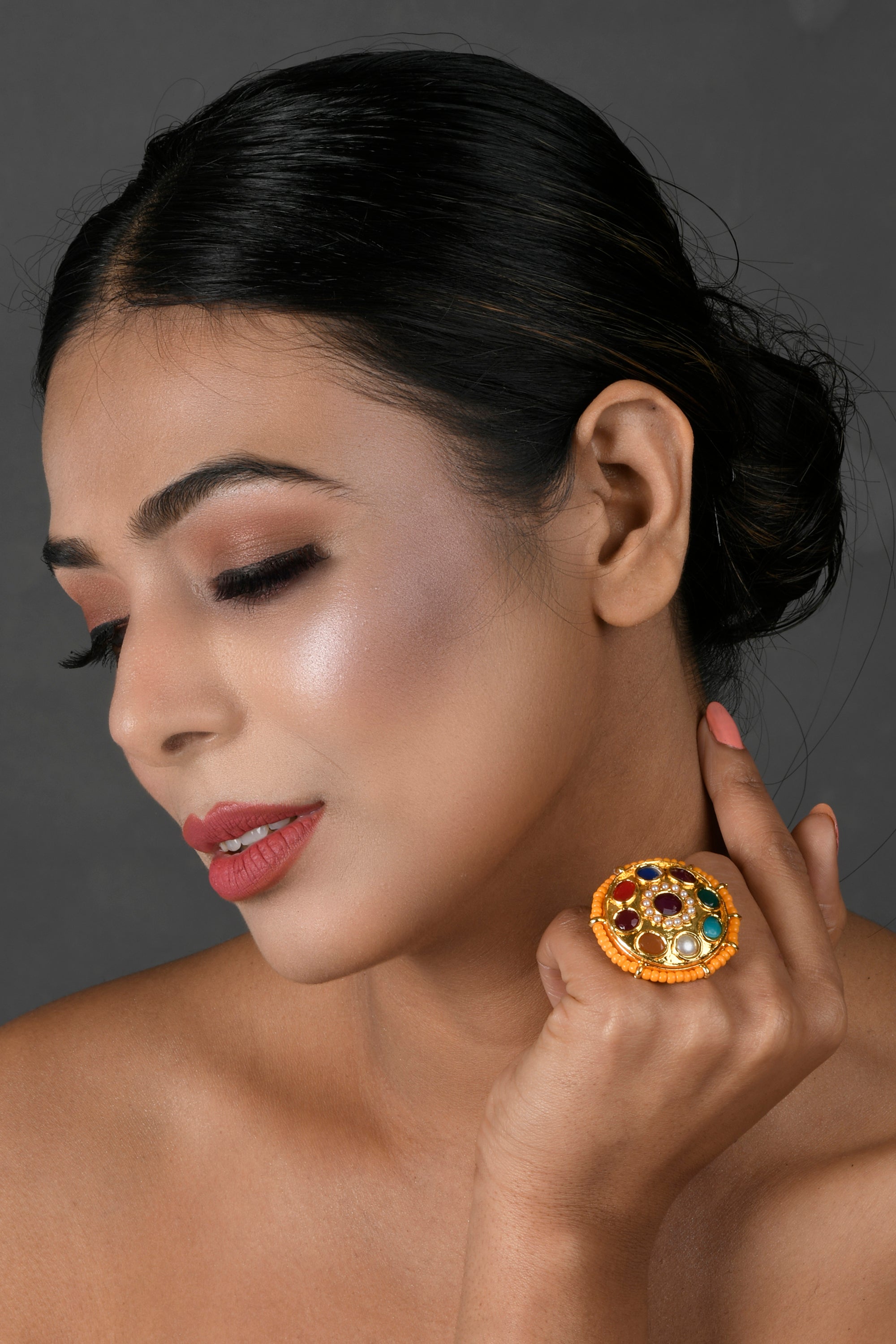 Kundan Navratan Adjustable ring