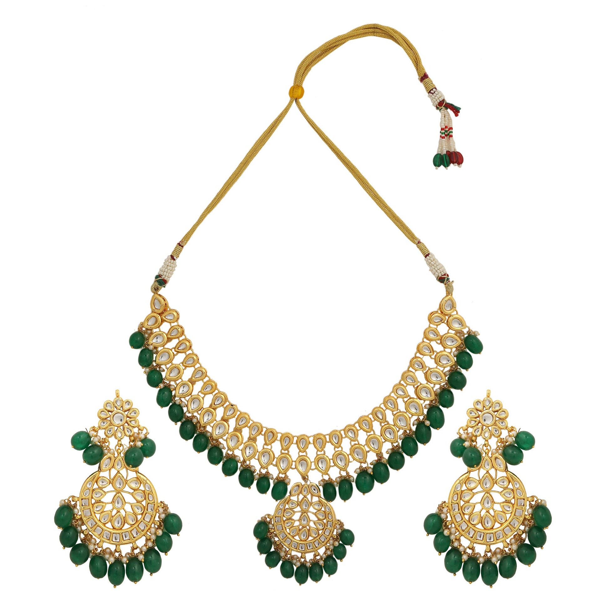 Emerald beaded Kundan necklace set with earrings