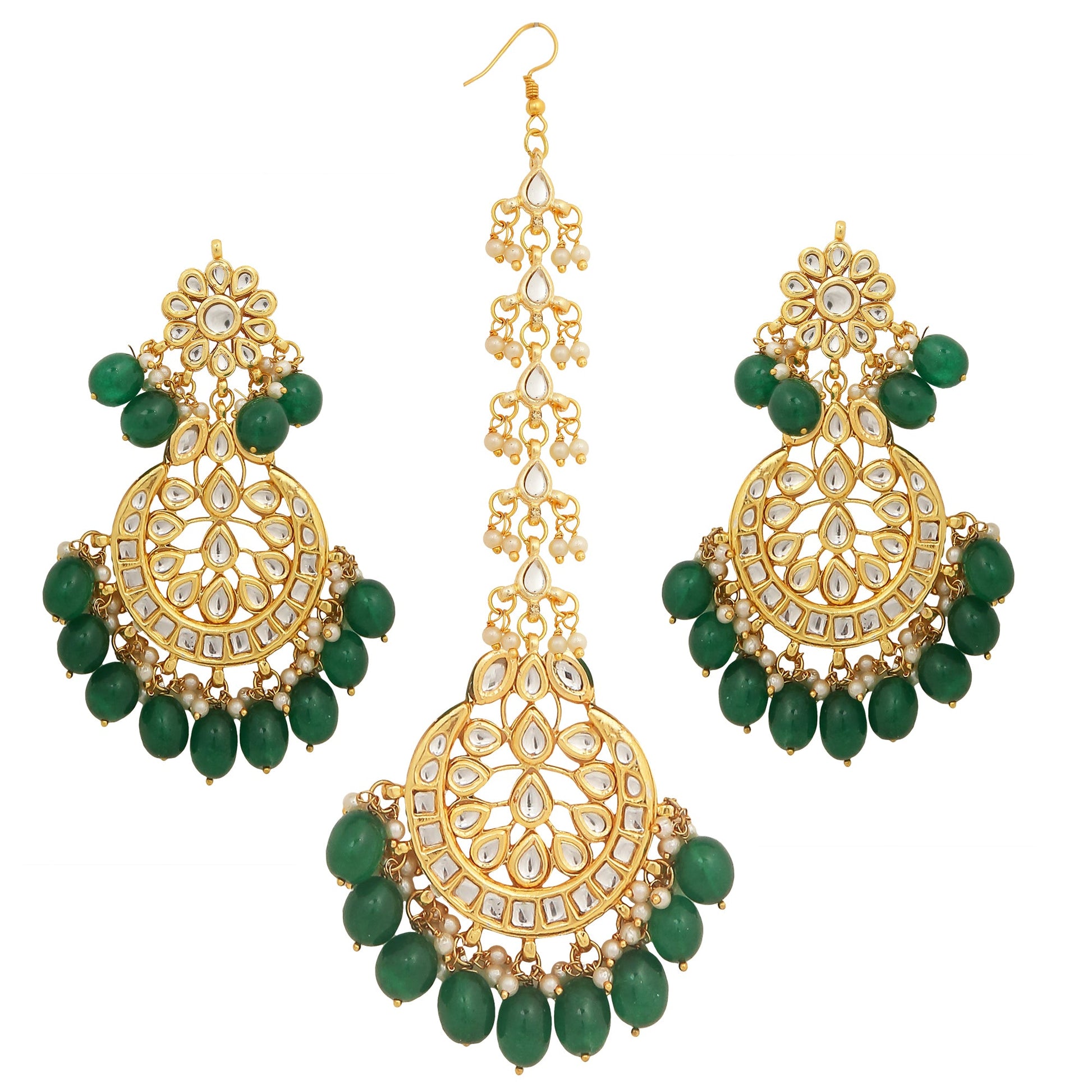 Kundan inspired Emerald beaded Earrings & Maang Tikka Set