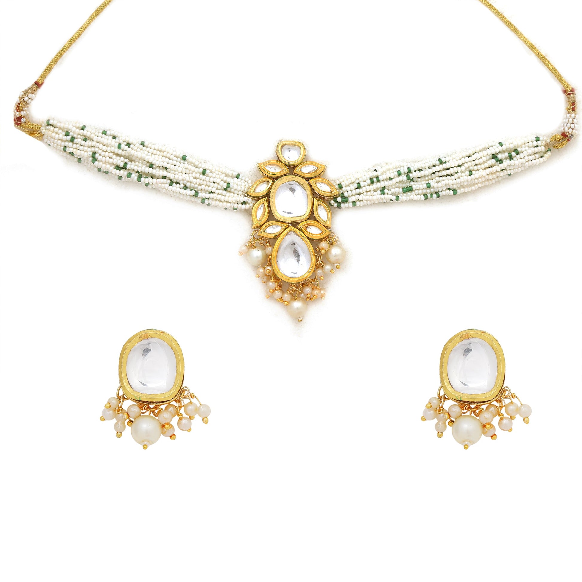 Pearl beaded Kundan Choker Necklace with Earrings