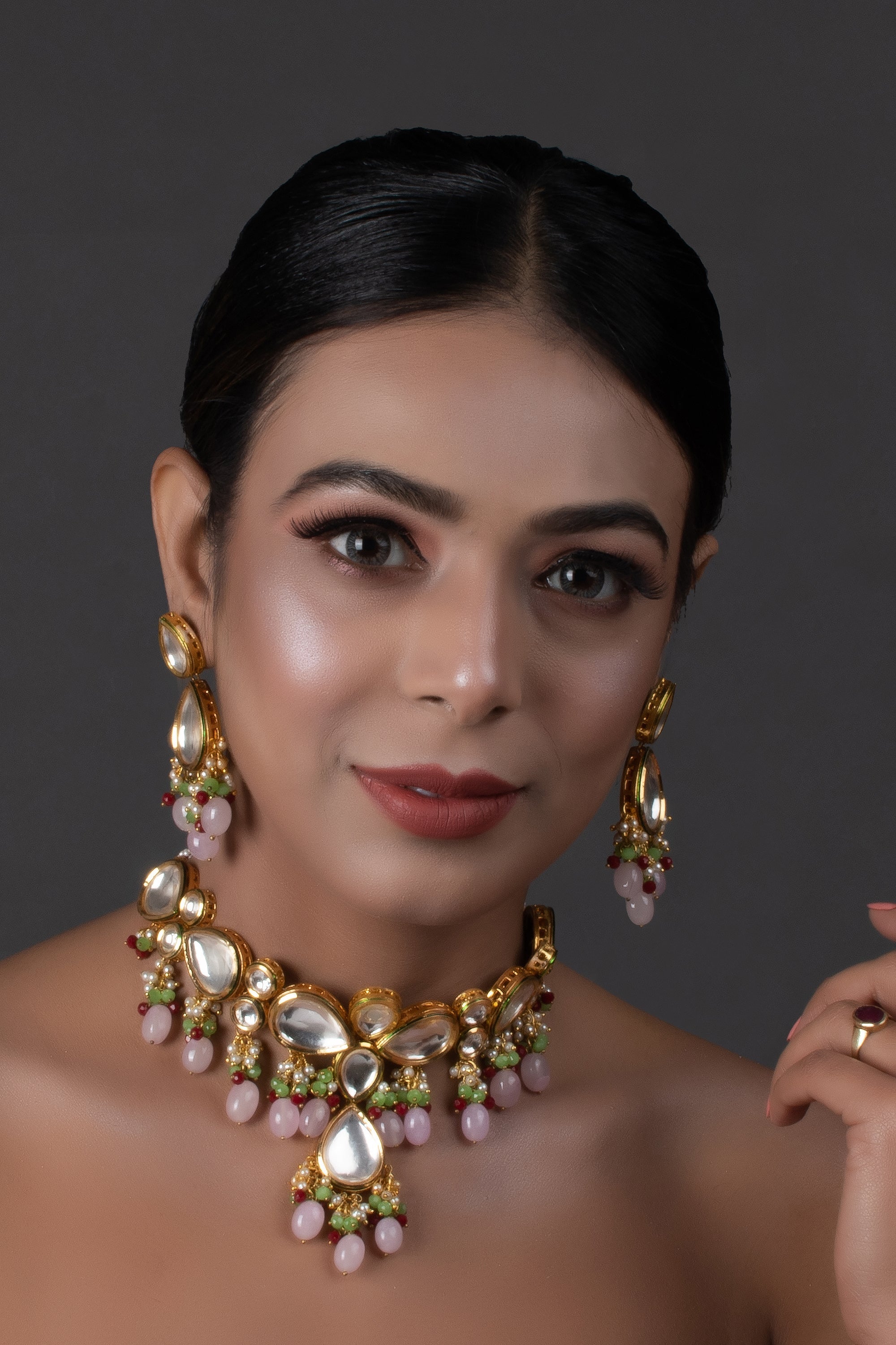 Handcrafted Kundan pastel beaded necklace with earrings