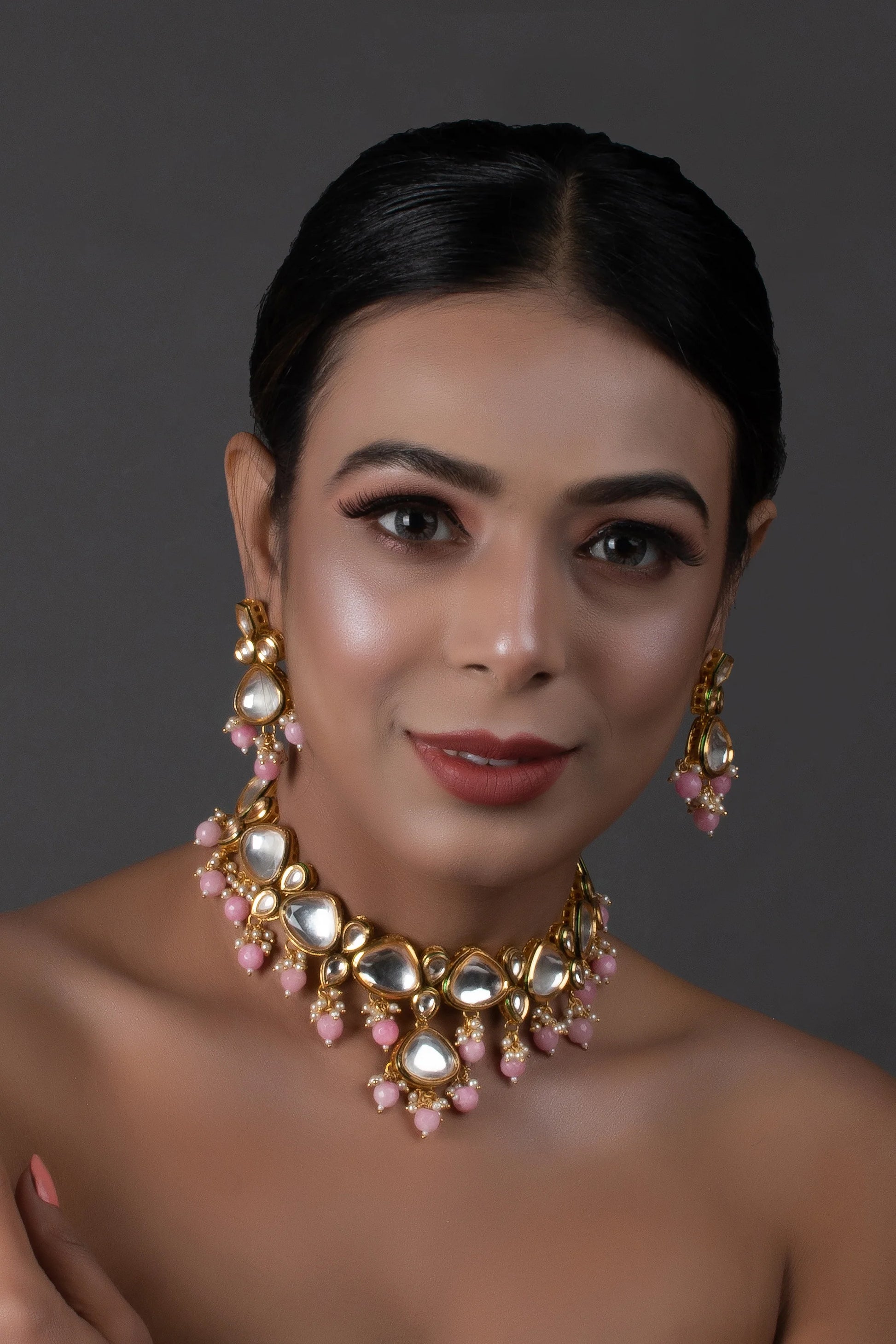 Pearl & Pink beaded  Gold Tone Kundan Inspired Necklace with Earrings