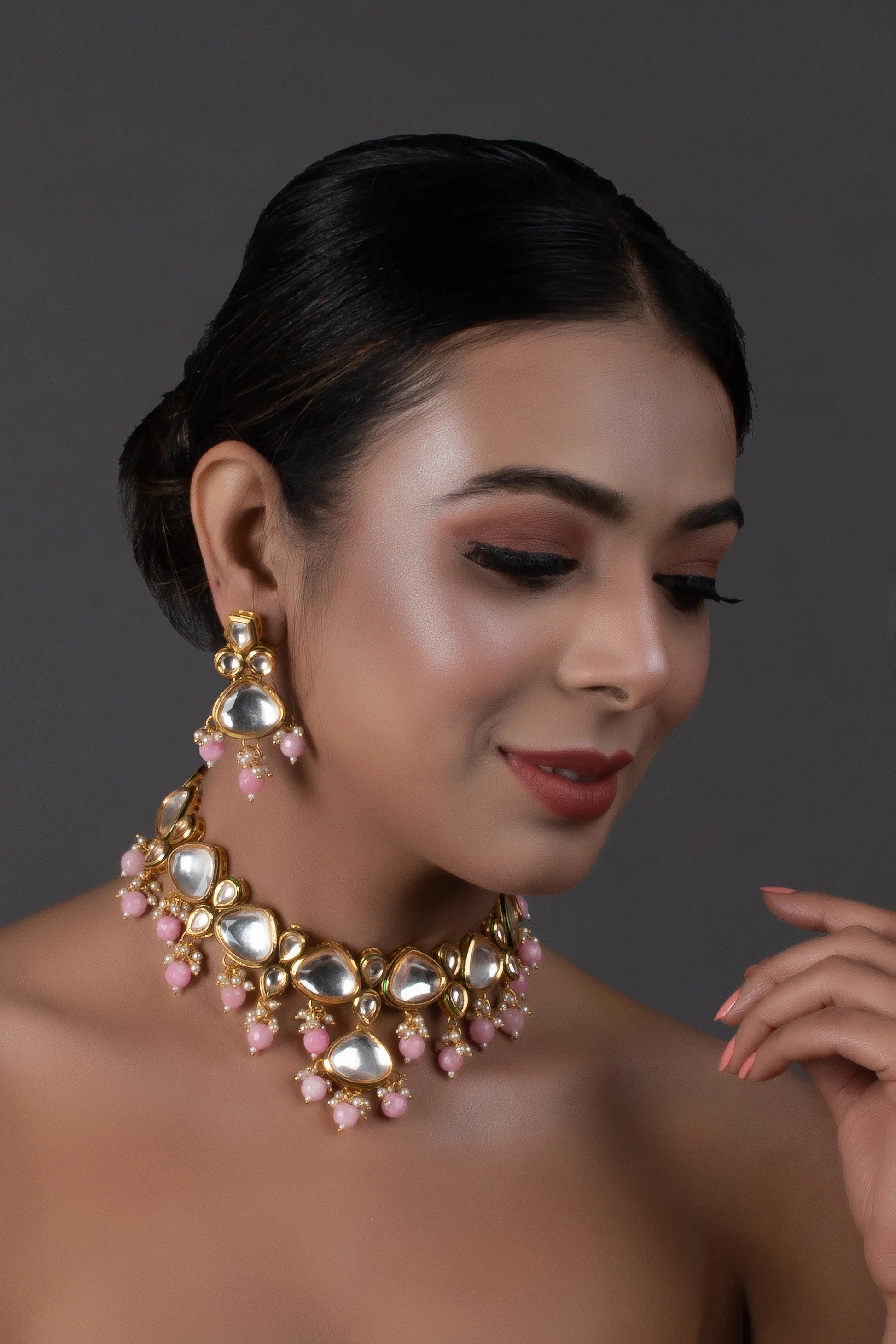 Pearl & Pink beaded  Gold Tone Kundan Inspired Necklace with Earrings