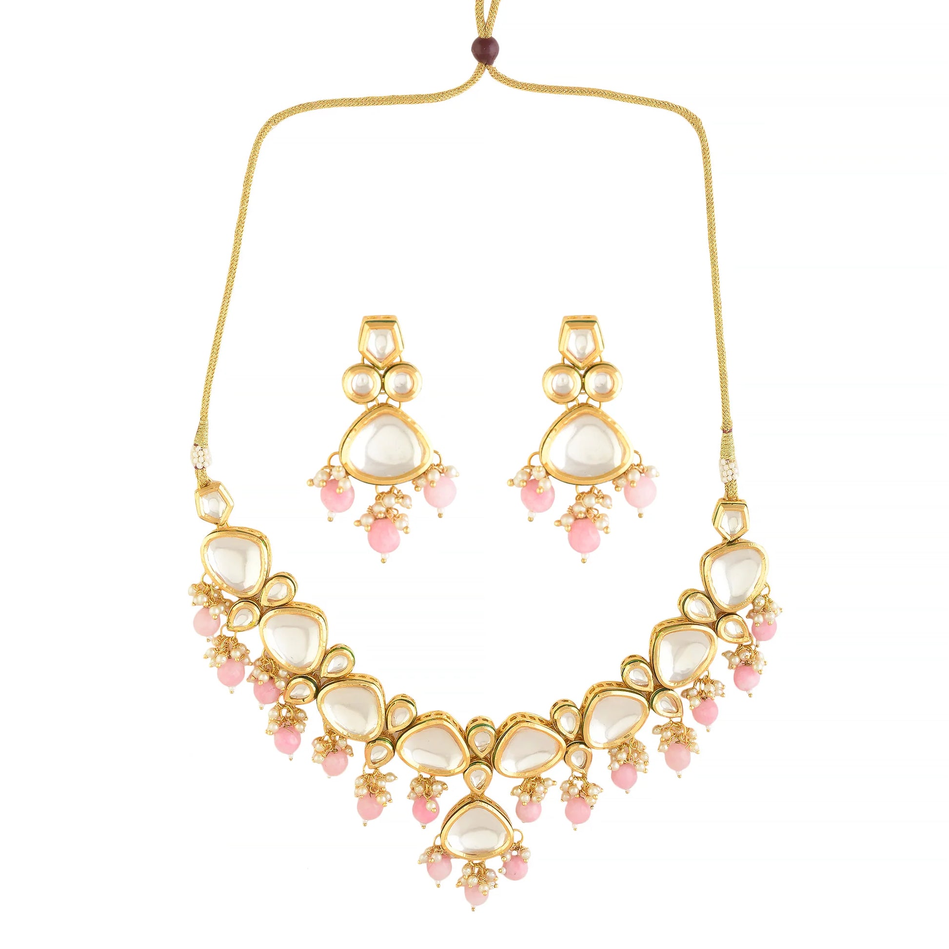 Pearl & Pink beaded  Gold Tone Kundan Inspired Necklace with Earrings