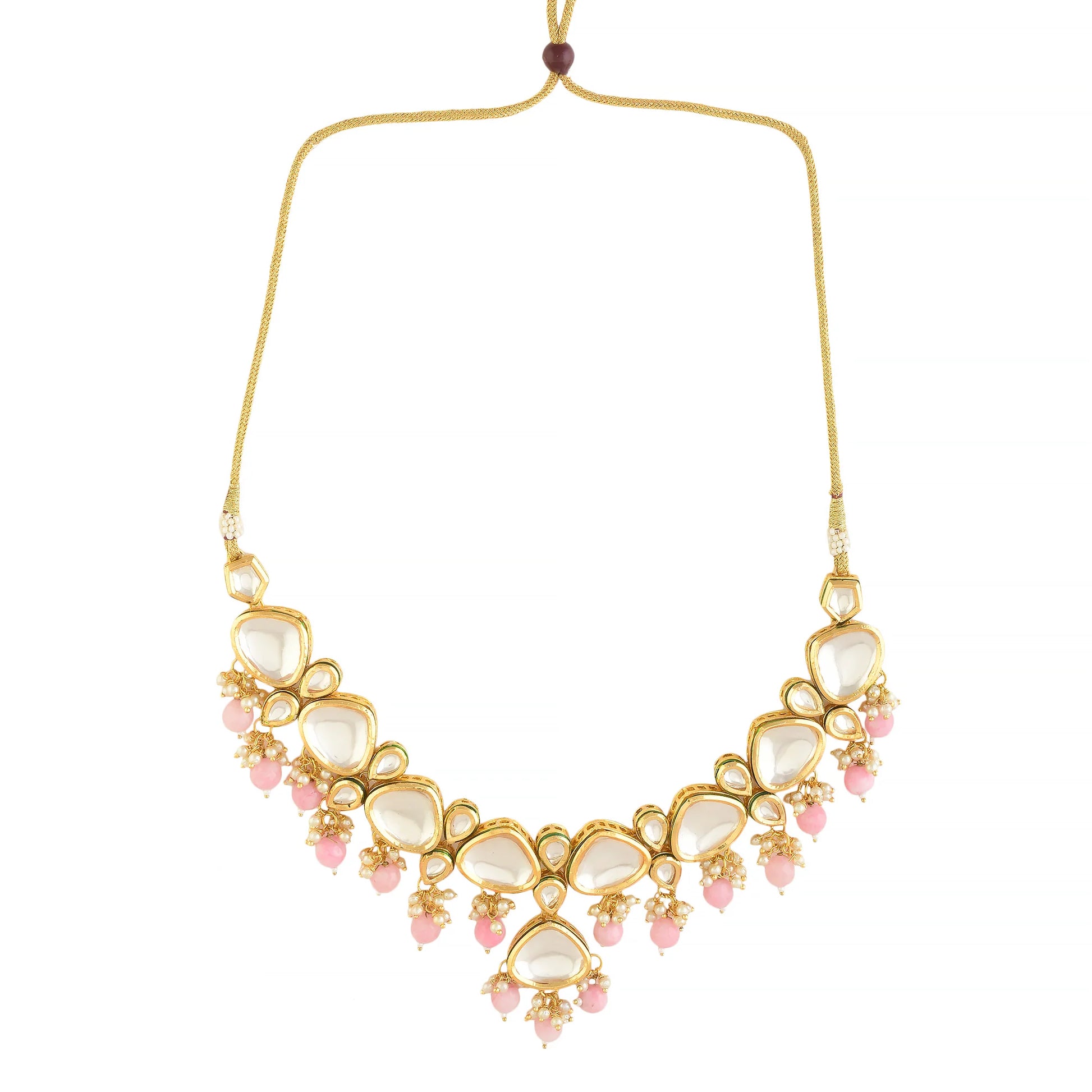 Pearl & Pink beaded  Gold Tone Kundan Inspired Necklace with Earrings