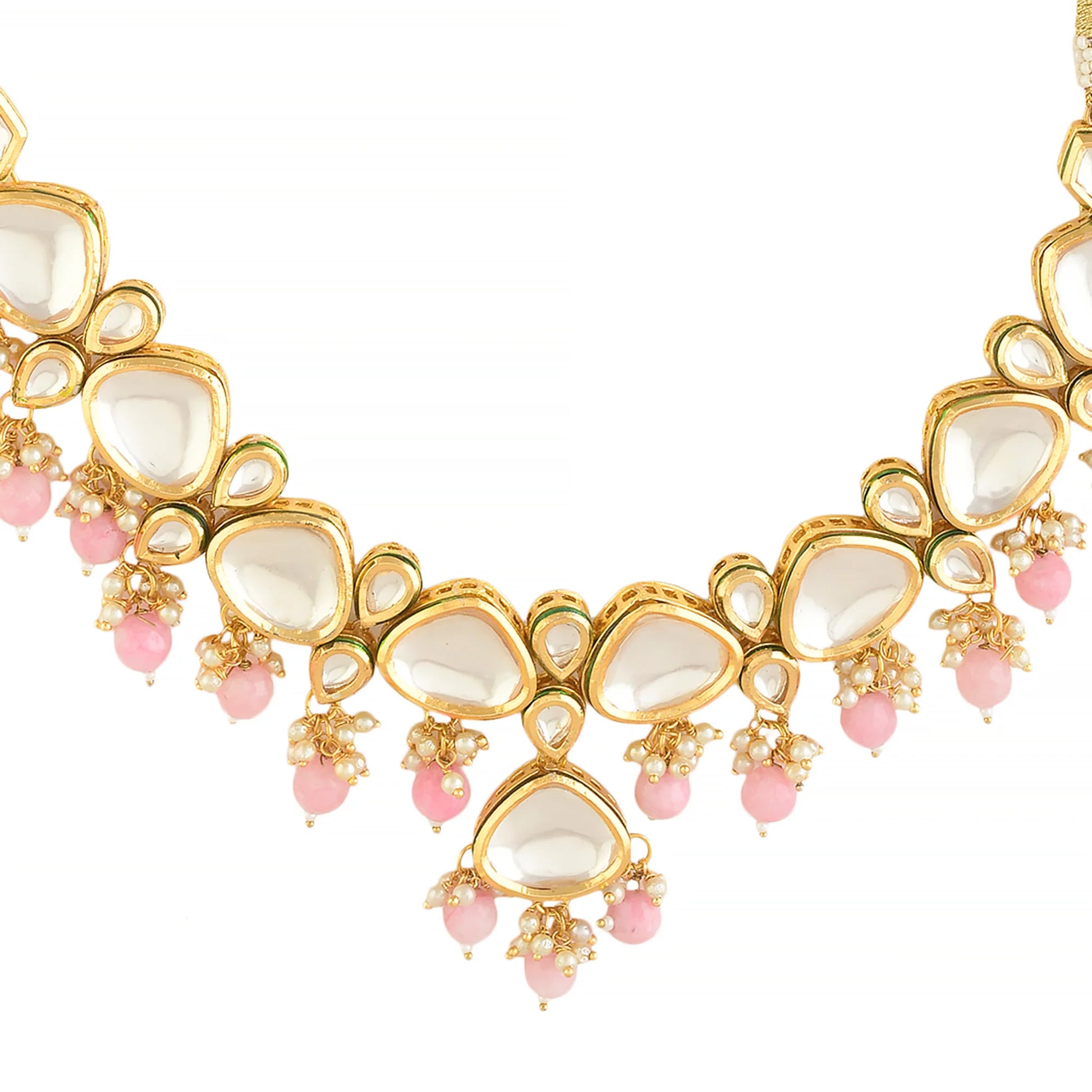 Pearl & Pink beaded  Gold Tone Kundan Inspired Necklace with Earrings