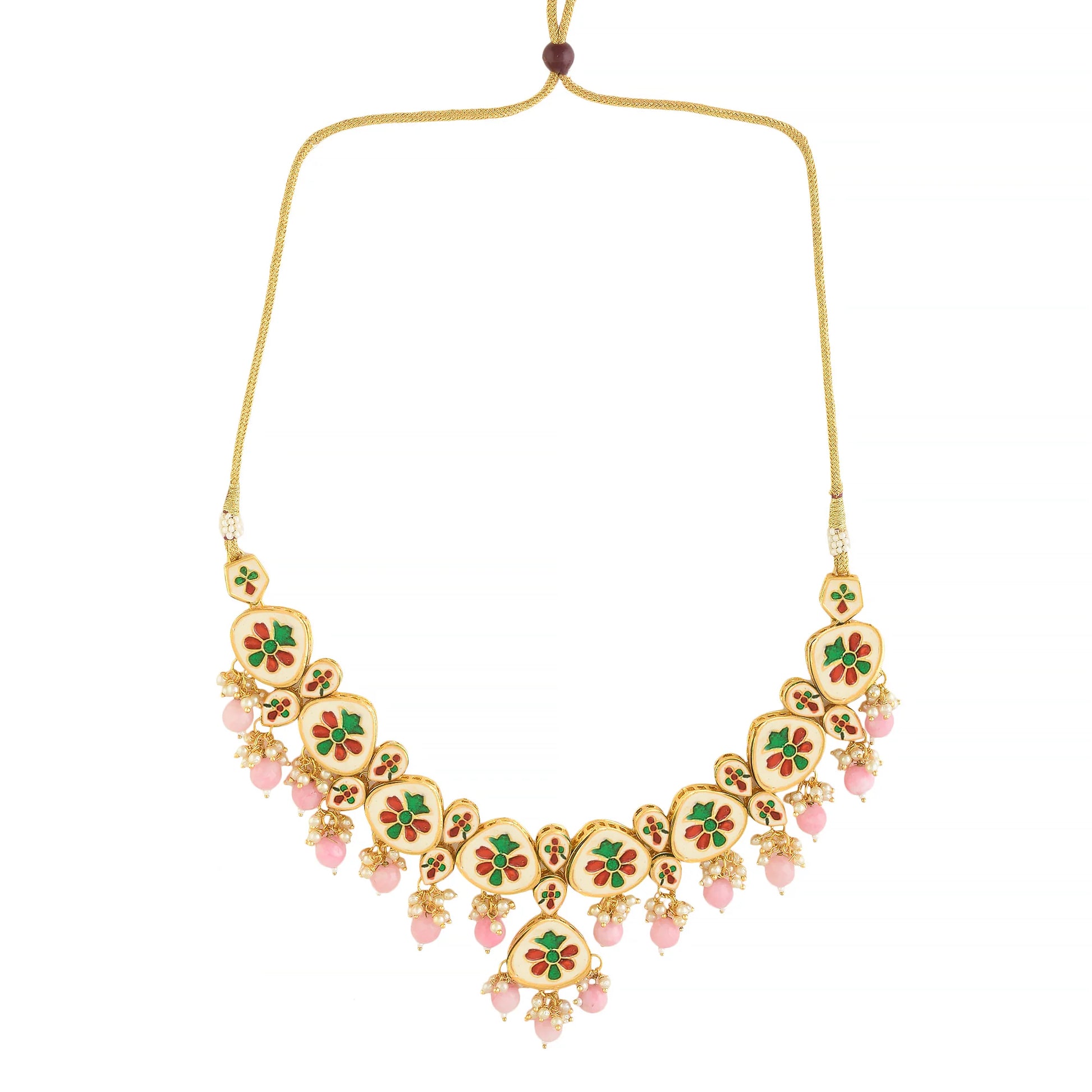 Pearl & Pink beaded  Gold Tone Kundan Inspired Necklace with Earrings