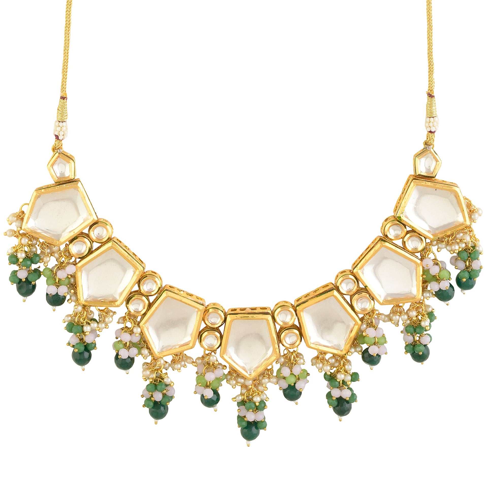 Green Gold toned Handcrafted Kundan necklace set