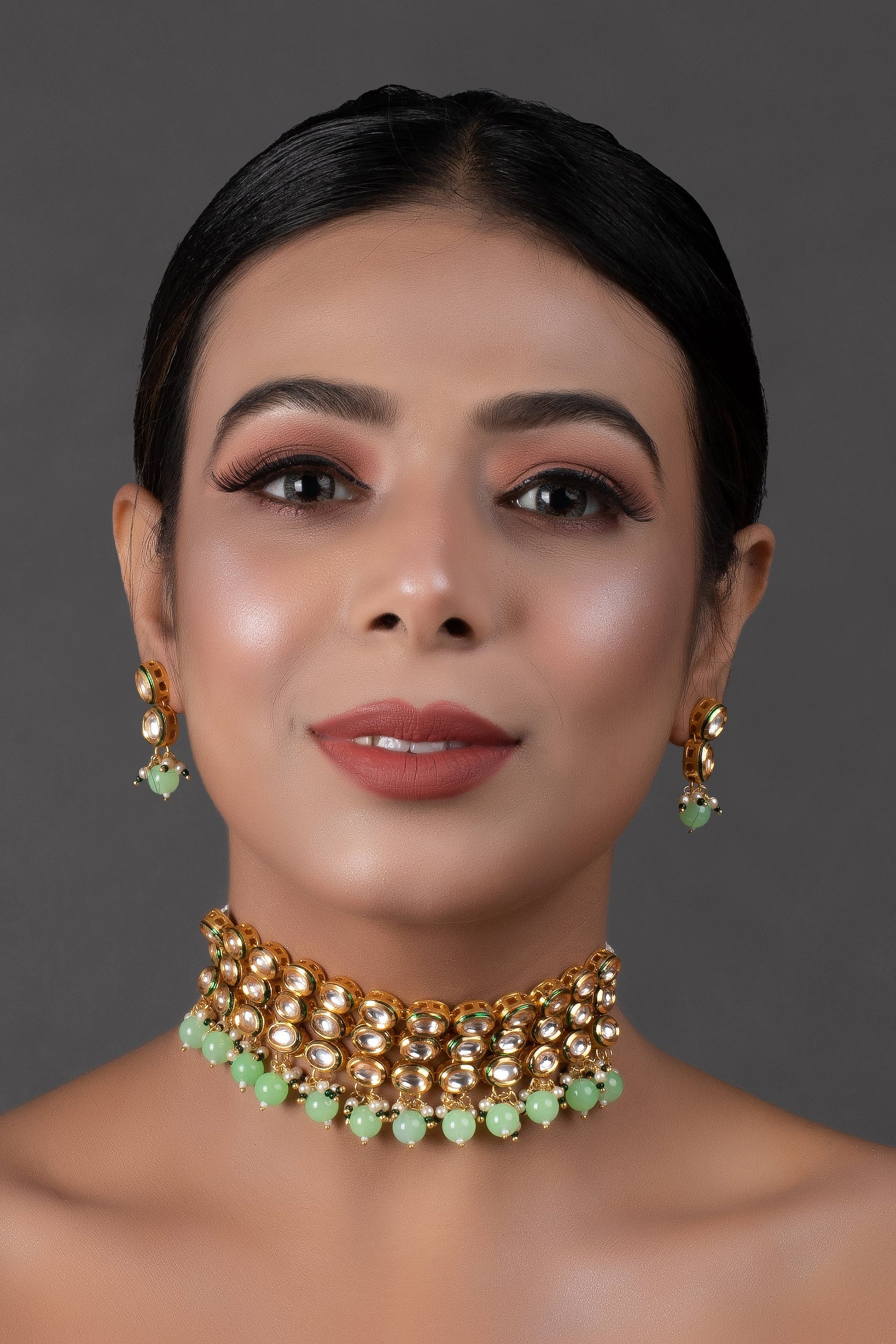 Pastel green Gold Tone Kundan Beaded Choker Necklace with earrings