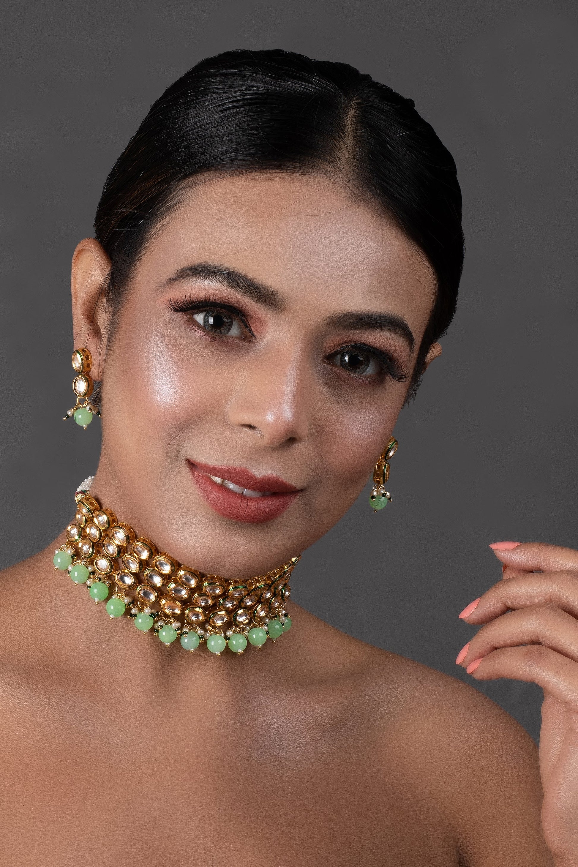 Pastel green Gold Tone Kundan Beaded Choker Necklace with earrings