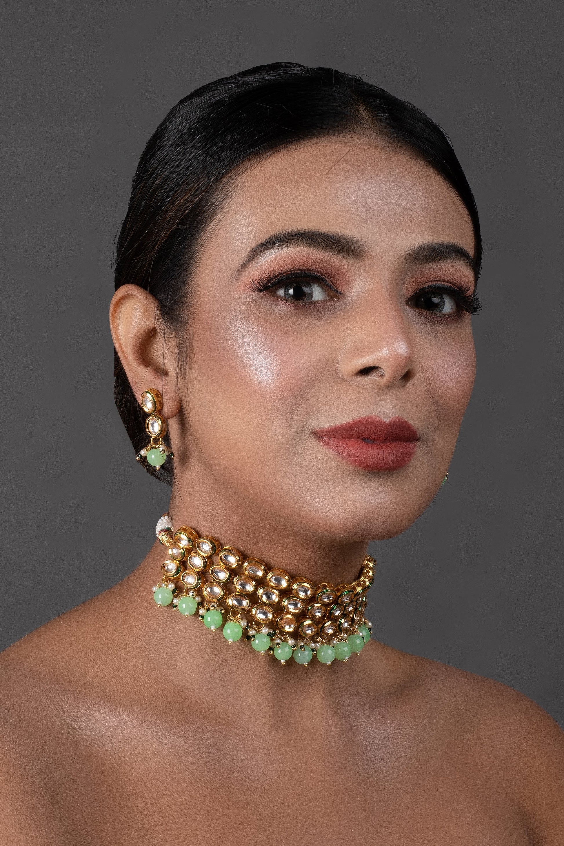 Pastel green Gold Tone Kundan Beaded Choker Necklace with earrings