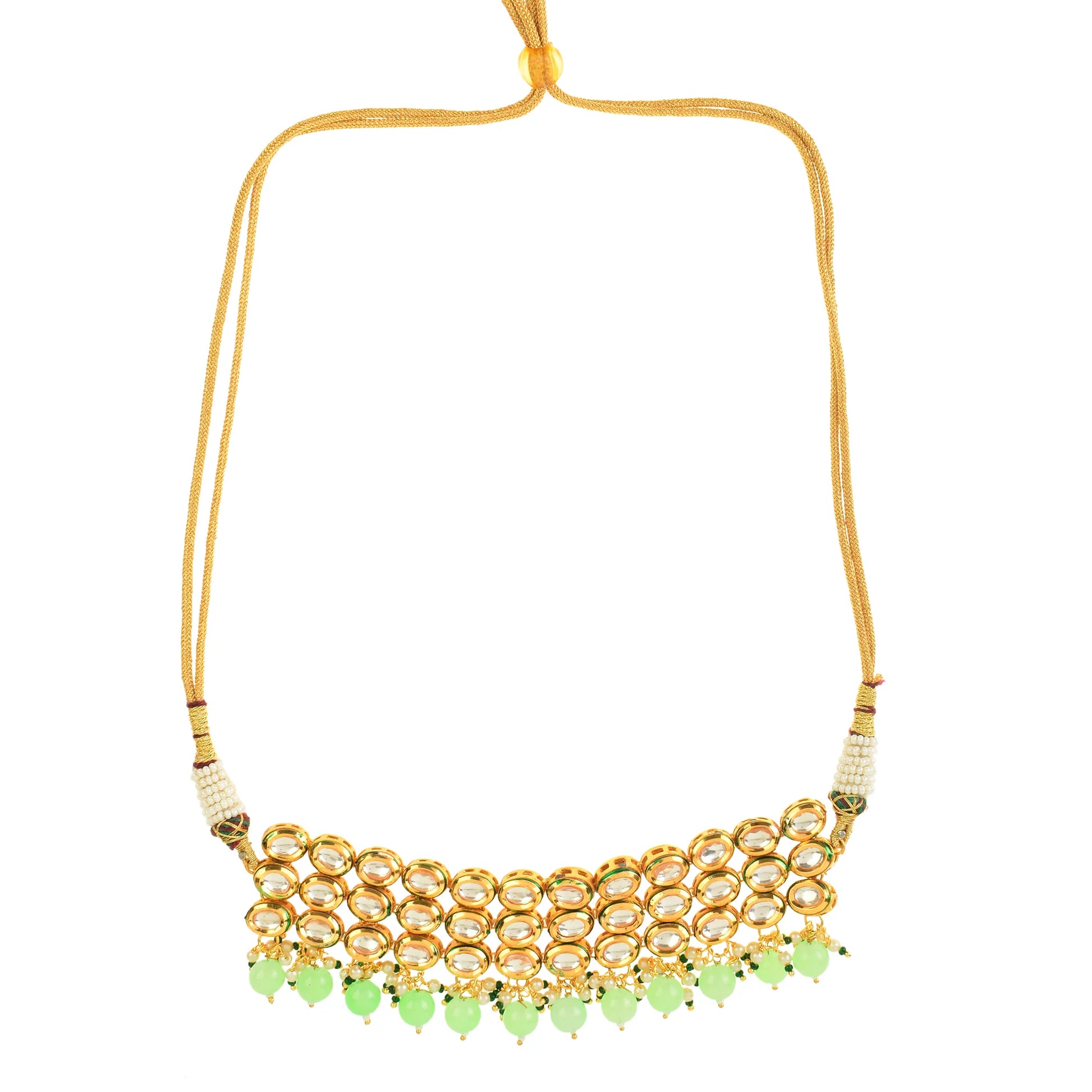 Pastel green Gold Tone Kundan Beaded Choker Necklace with earrings