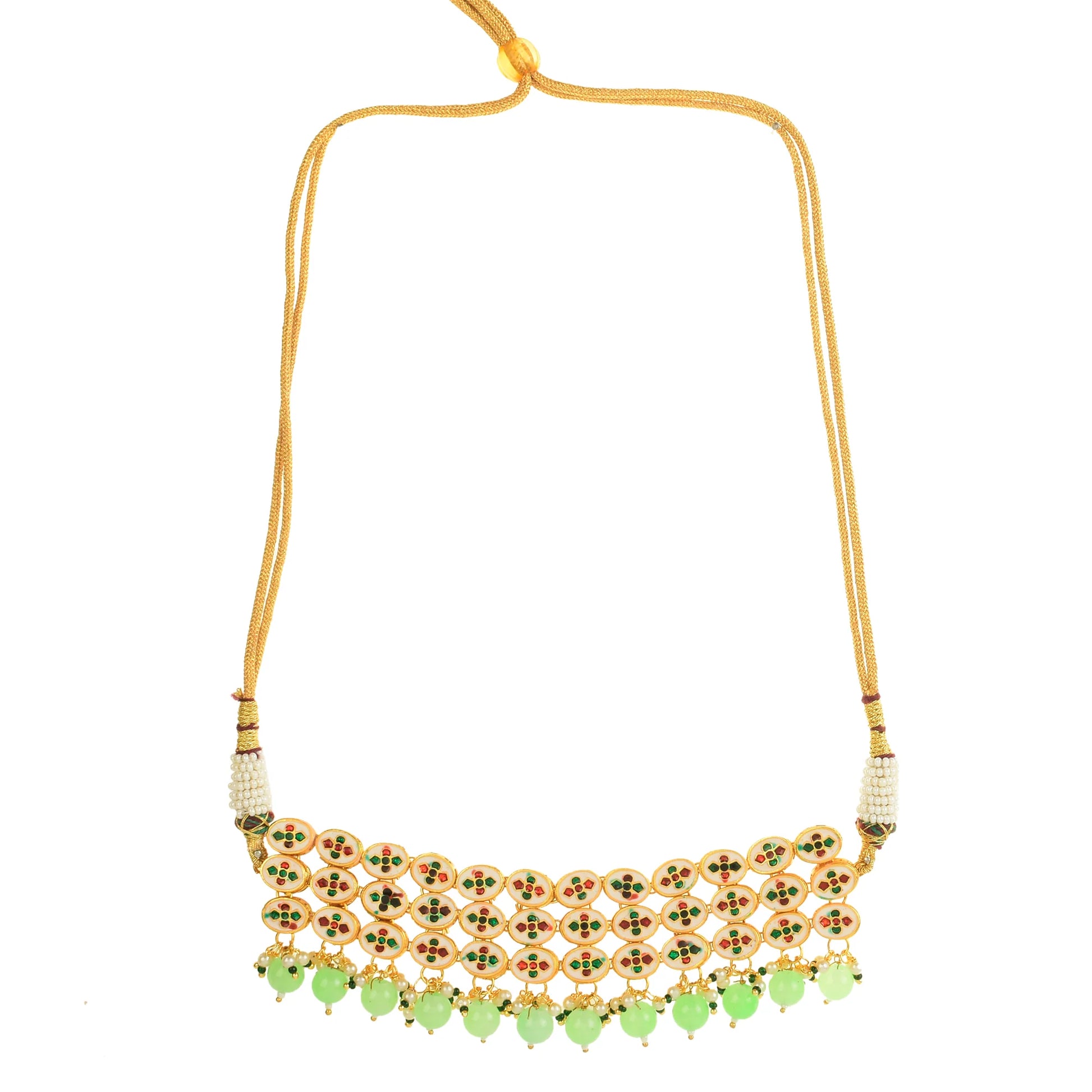 Pastel green Gold Tone Kundan Beaded Choker Necklace with earrings