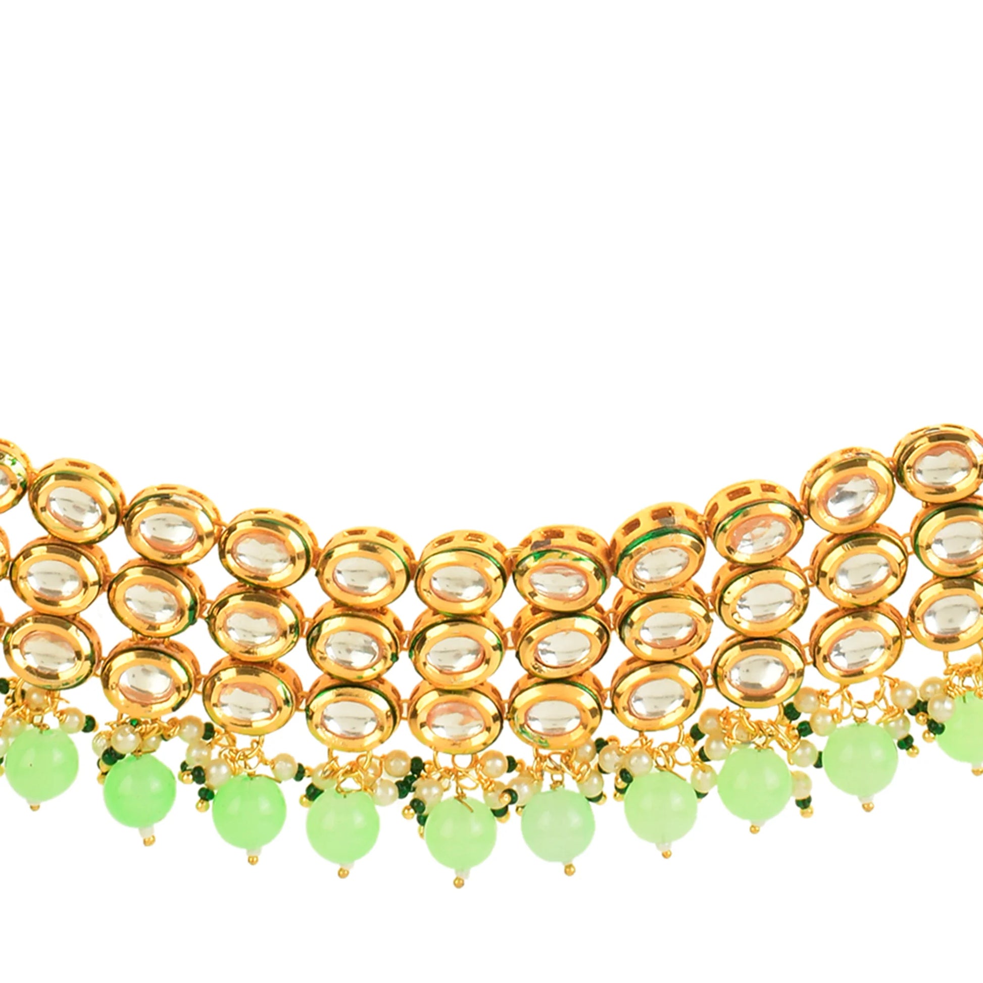 Pastel green Gold Tone Kundan Beaded Choker Necklace with earrings