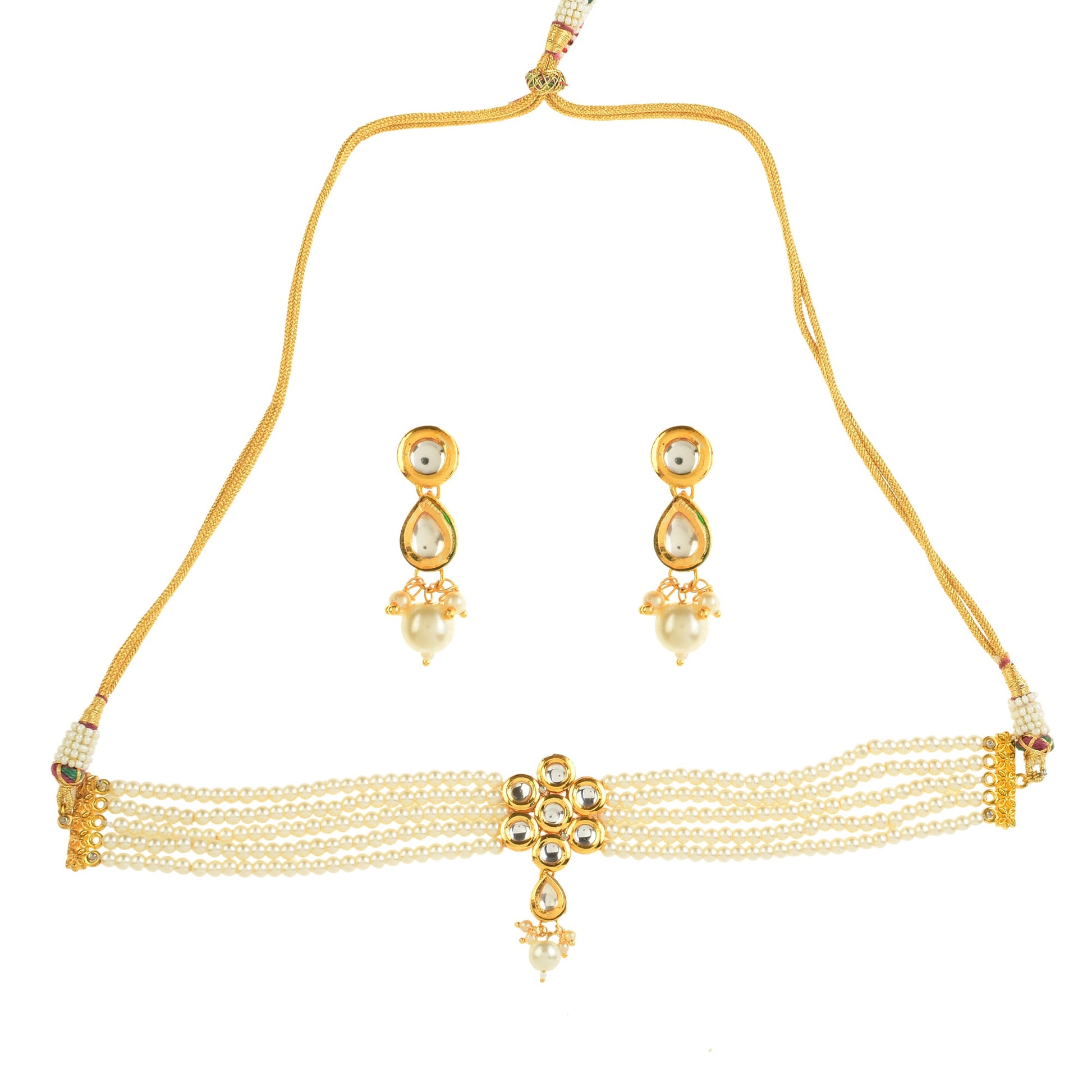 Pearl beaded Kundan floral choker necklace with earrings