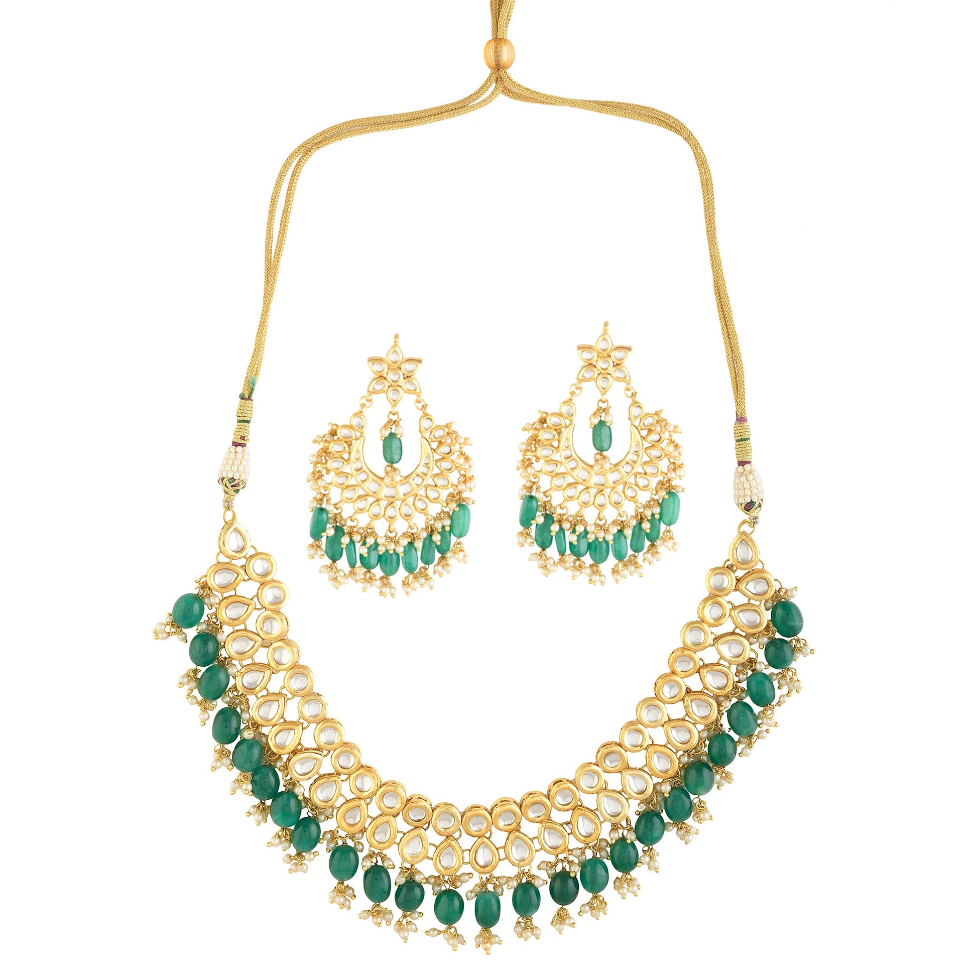 Emerald beaded Gold toned kundan embellished necklace with chandbali