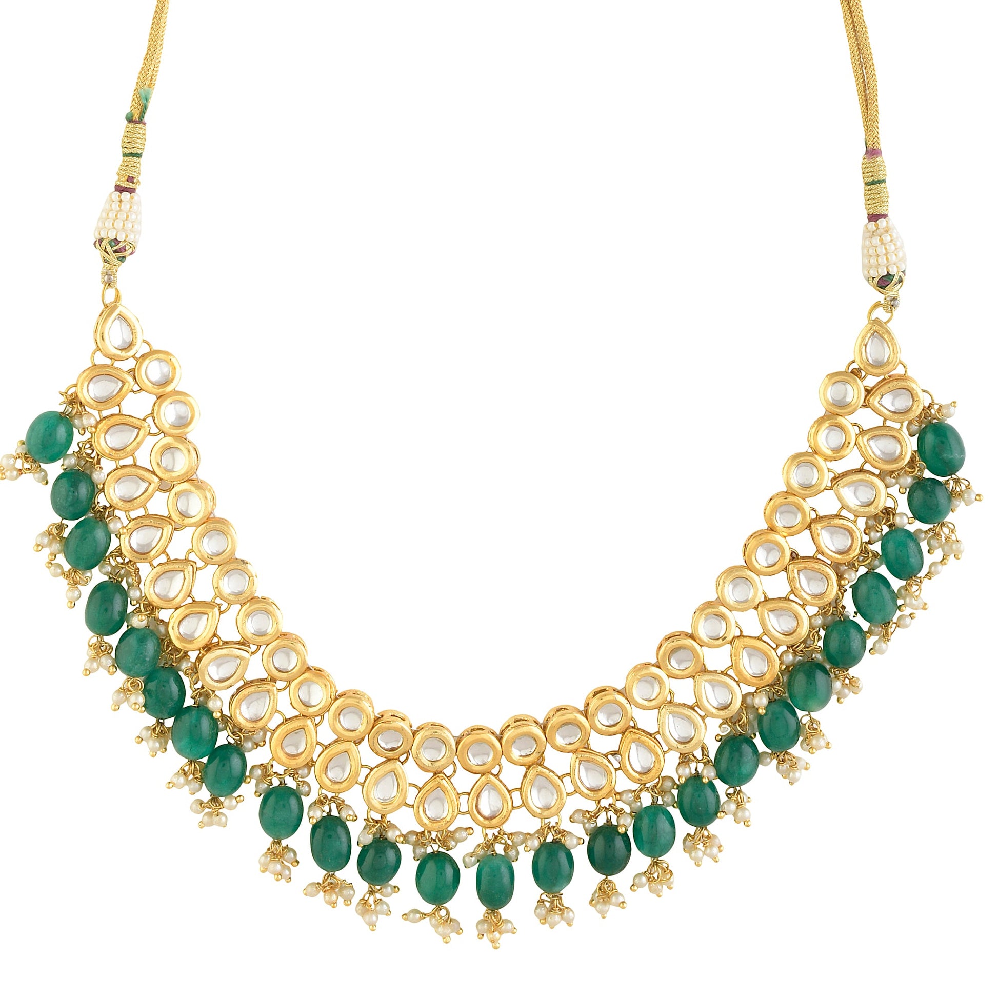 Emerald beaded Gold toned kundan embellished necklace with chandbali