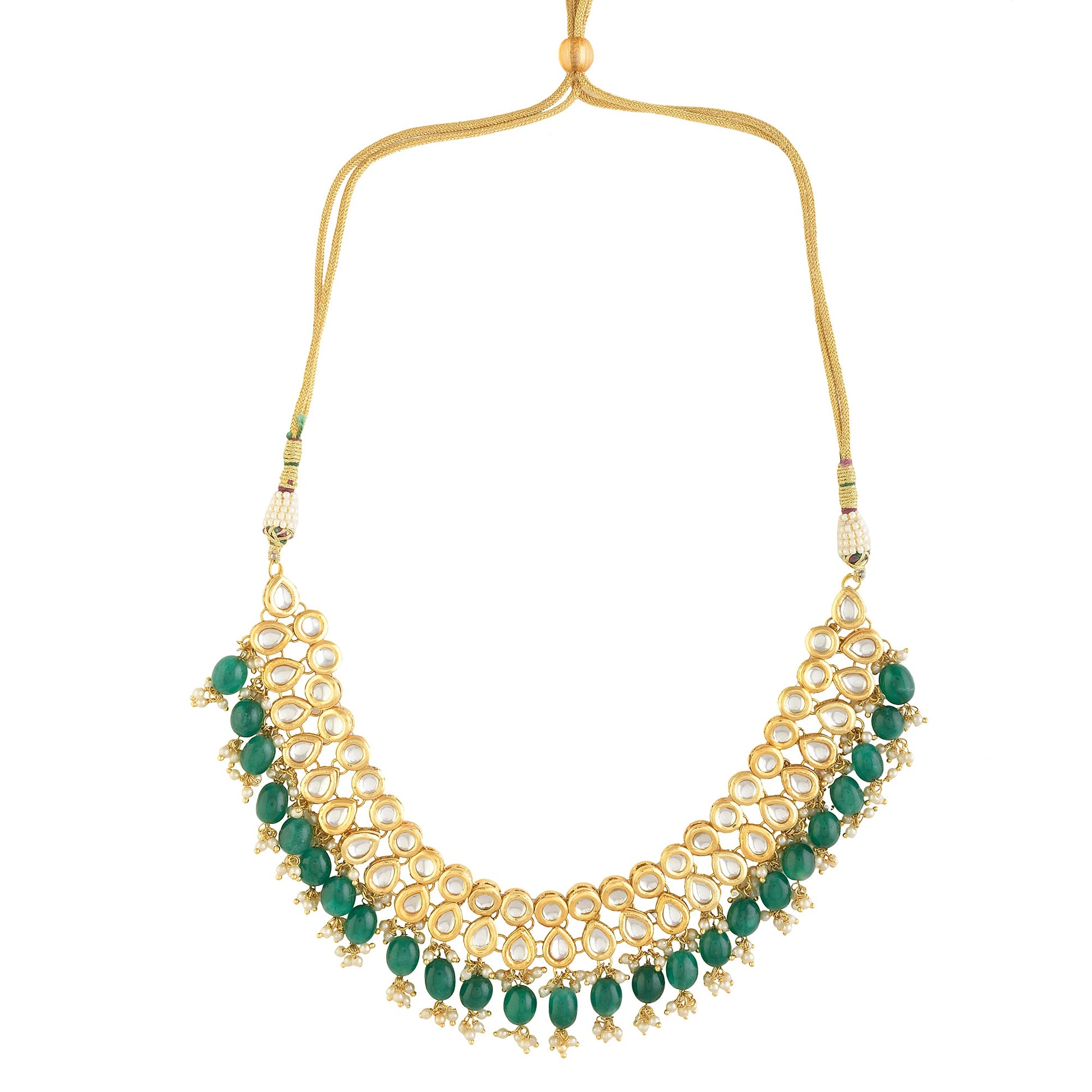 Emerald beaded Gold toned kundan embellished necklace with chandbali