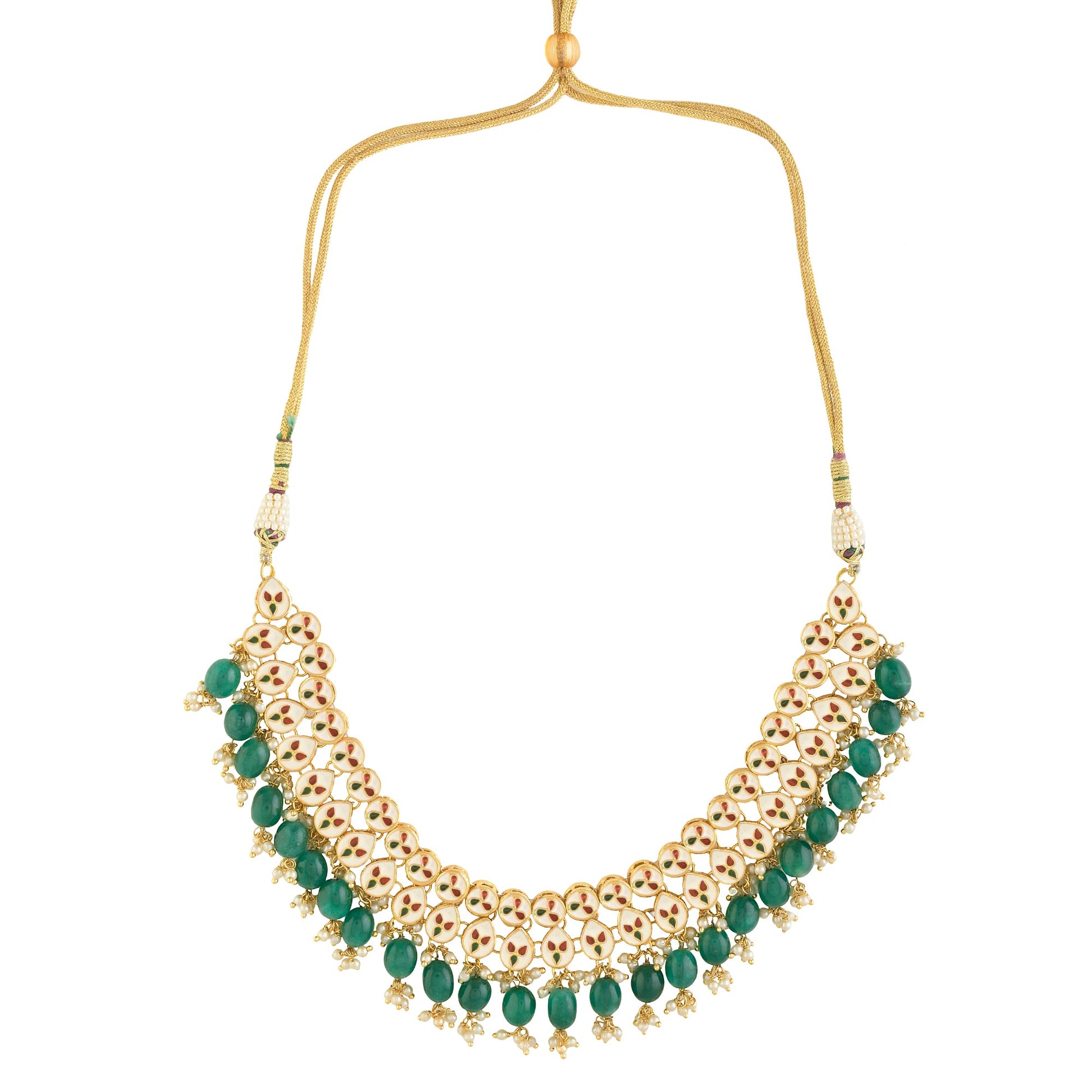 Emerald beaded Gold toned kundan embellished necklace with chandbali