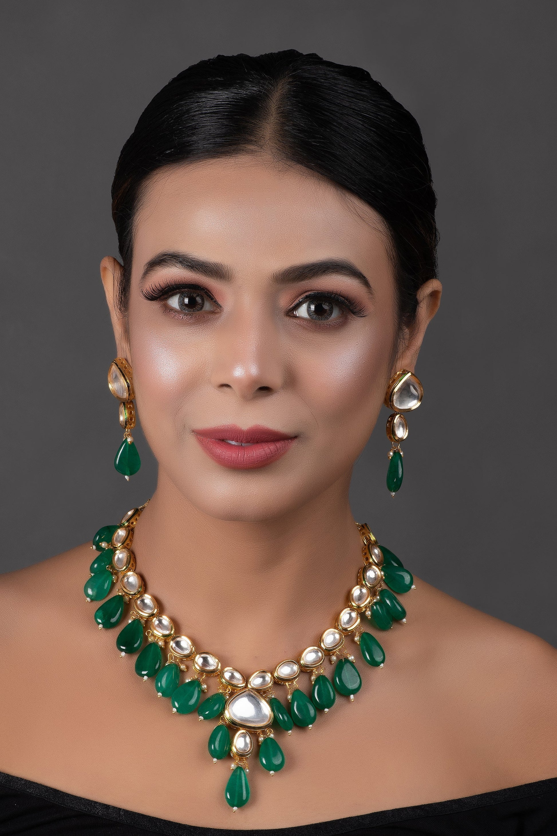 Emerald beaded Gold toned kundan inspired necklace with earrings