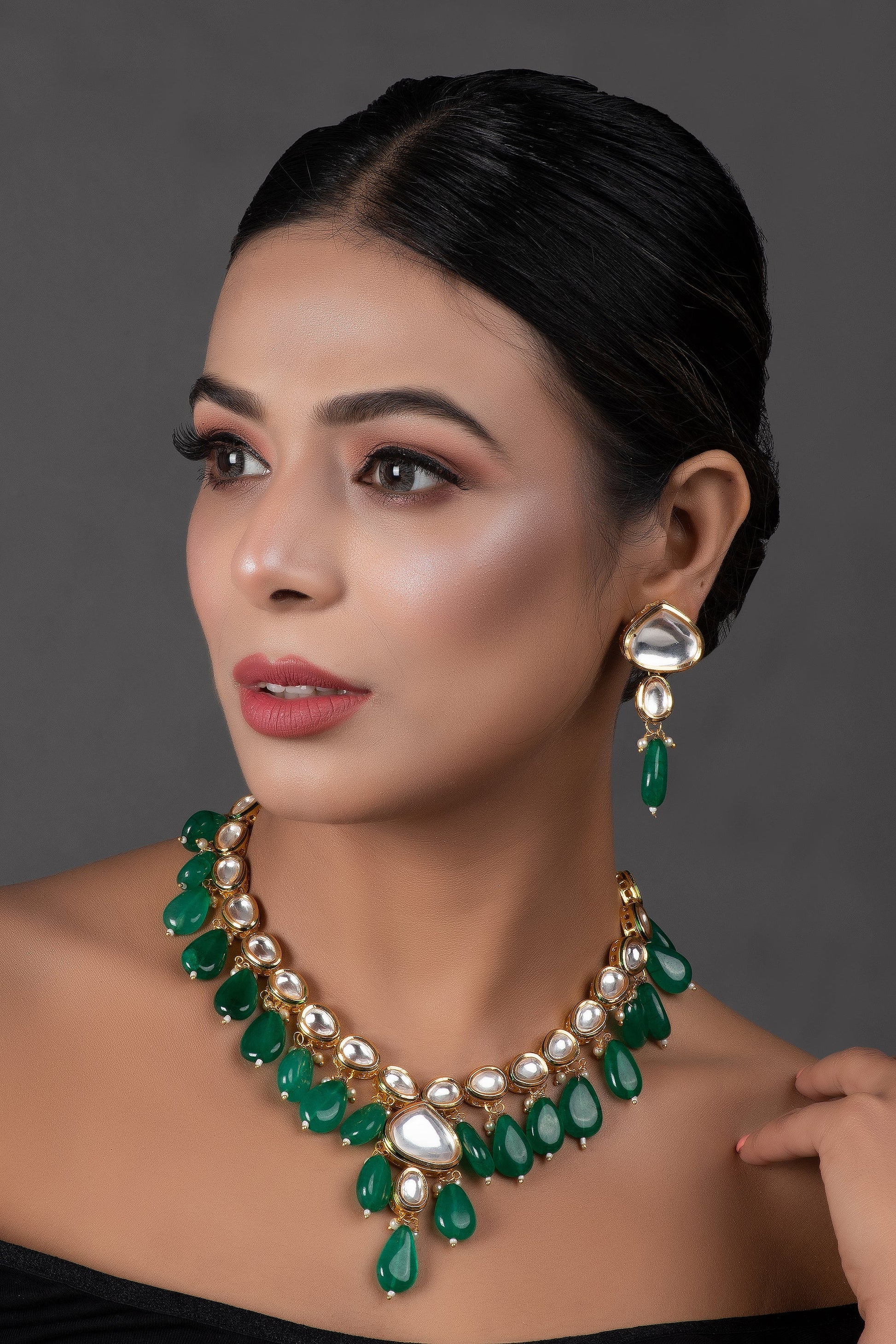 Emerald beaded Gold toned kundan inspired necklace with earrings