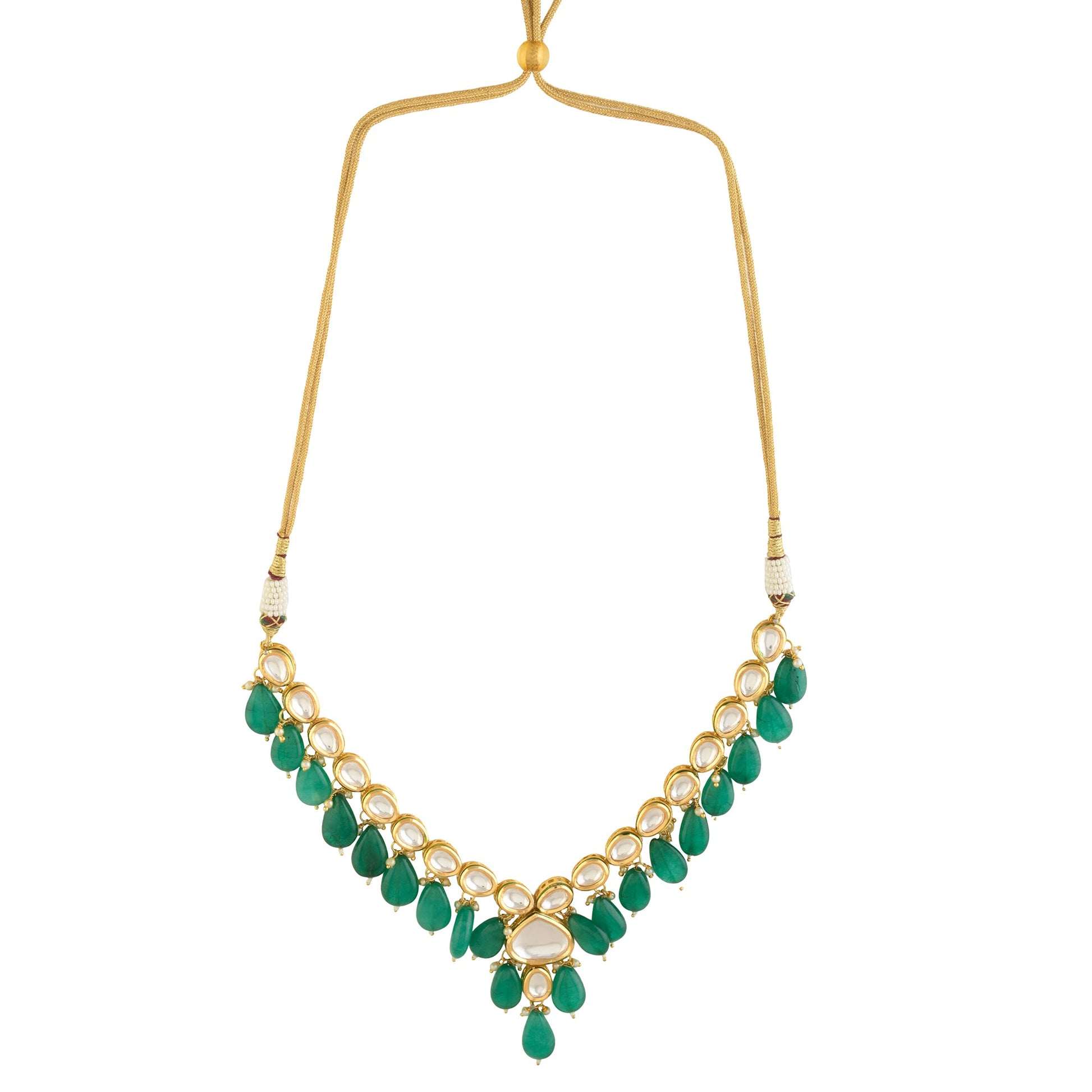 Emerald beaded Gold toned kundan inspired necklace with earrings