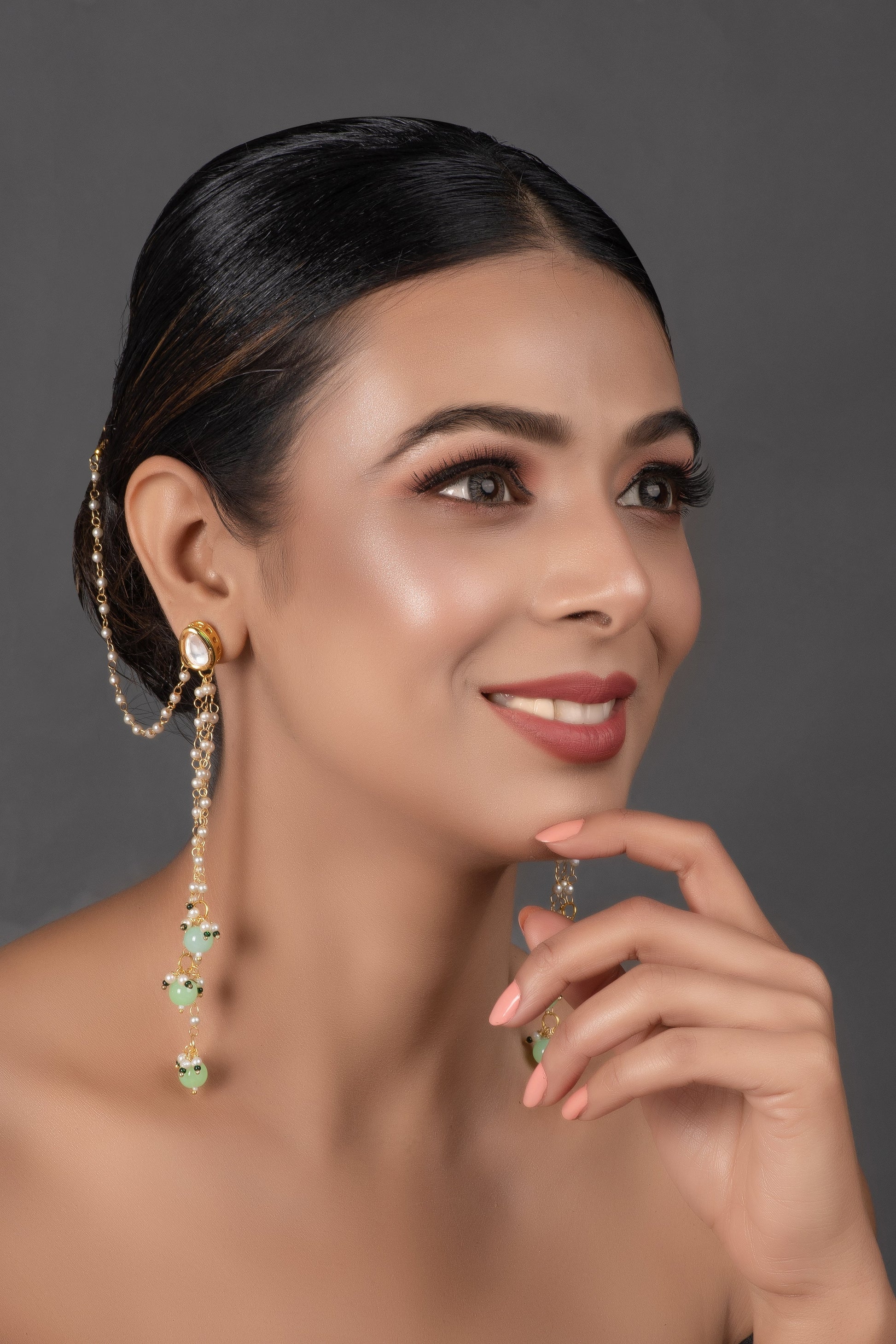 Gold Tone Kundan Inspired Pearl Tassel Earrings with Hair Chain