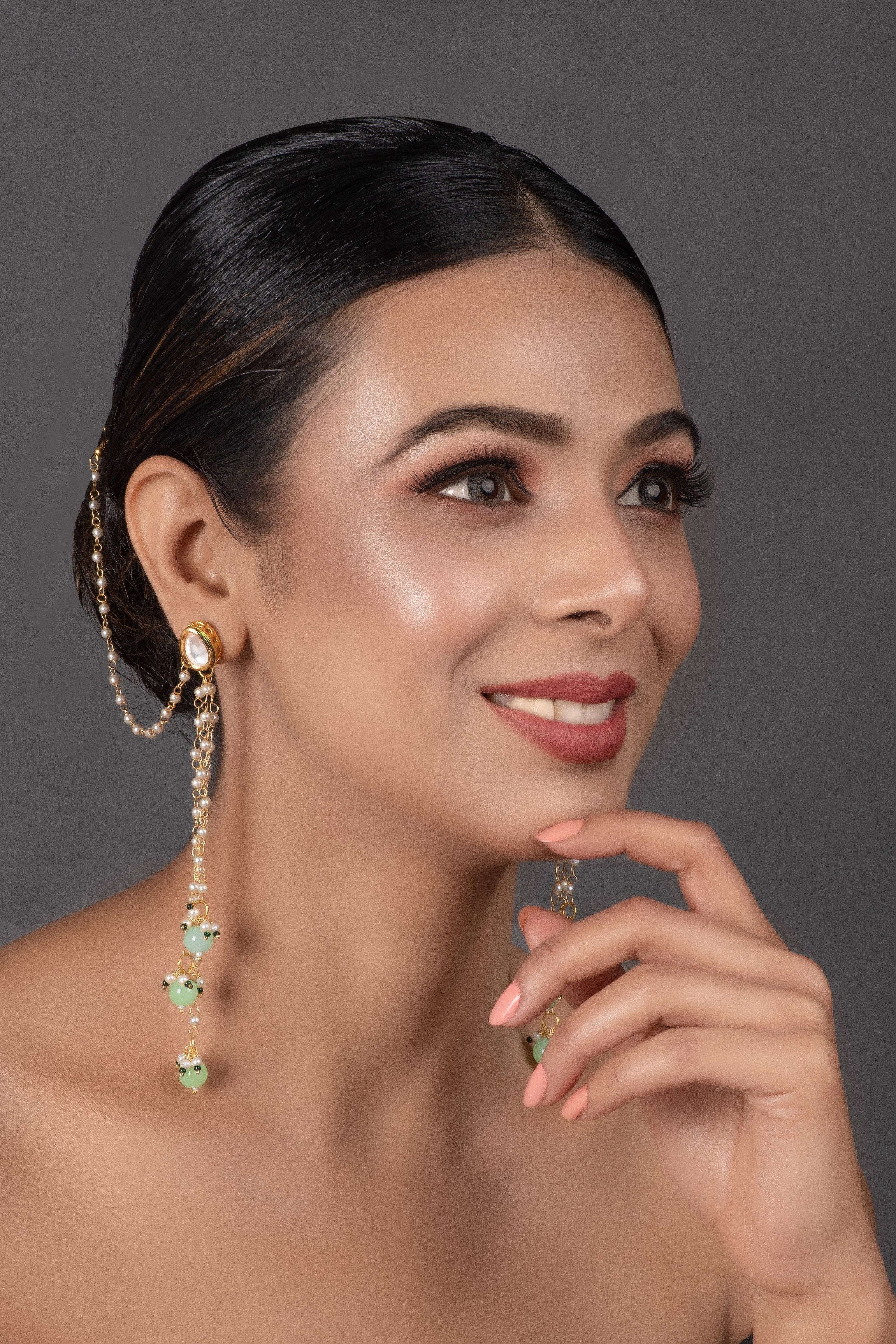 Gold Tone Kundan Inspired Pearl Tassel Earrings with Hair Chain