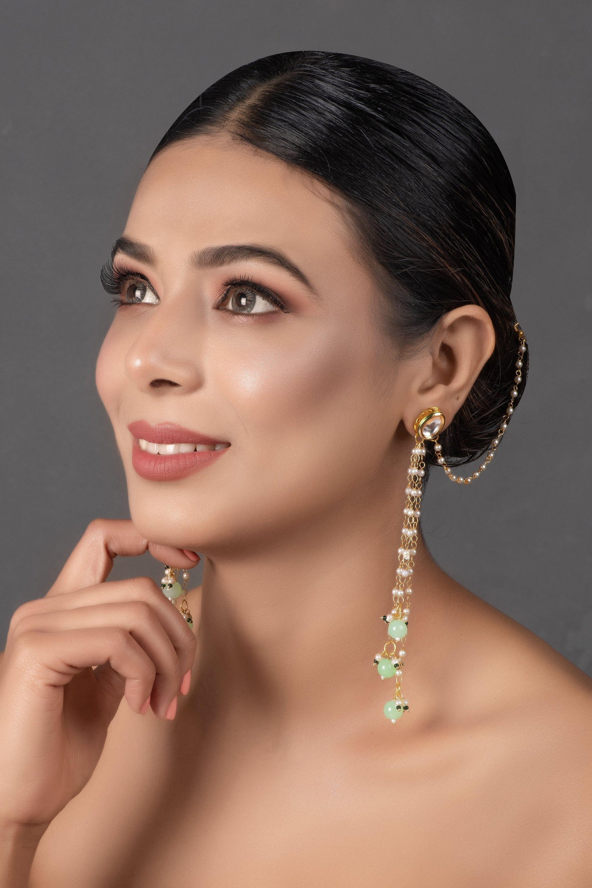 Gold Tone Kundan Inspired Pearl Tassel Earrings with Hair Chain