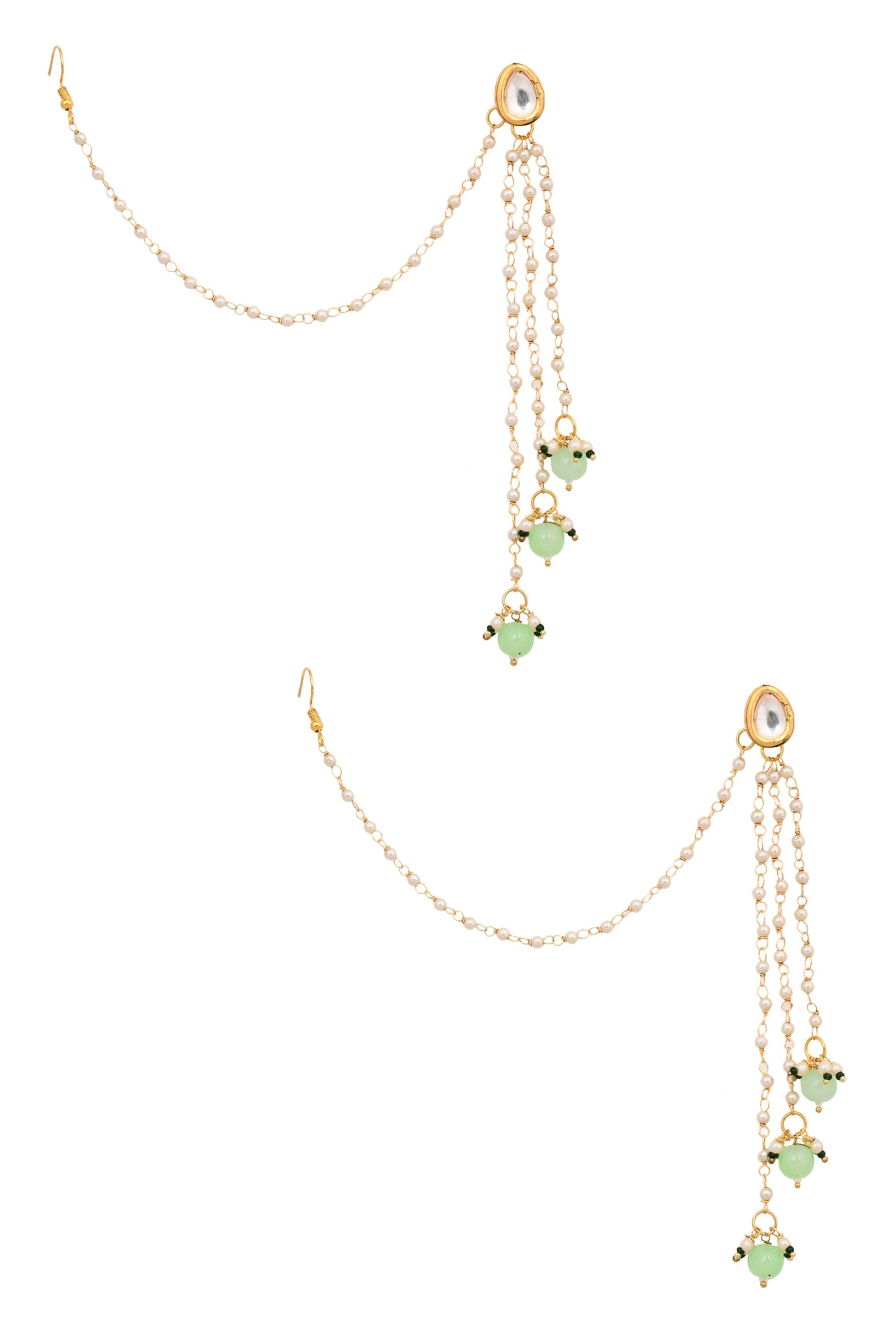 Gold Tone Kundan Inspired Pearl Tassel Earrings with Hair Chain