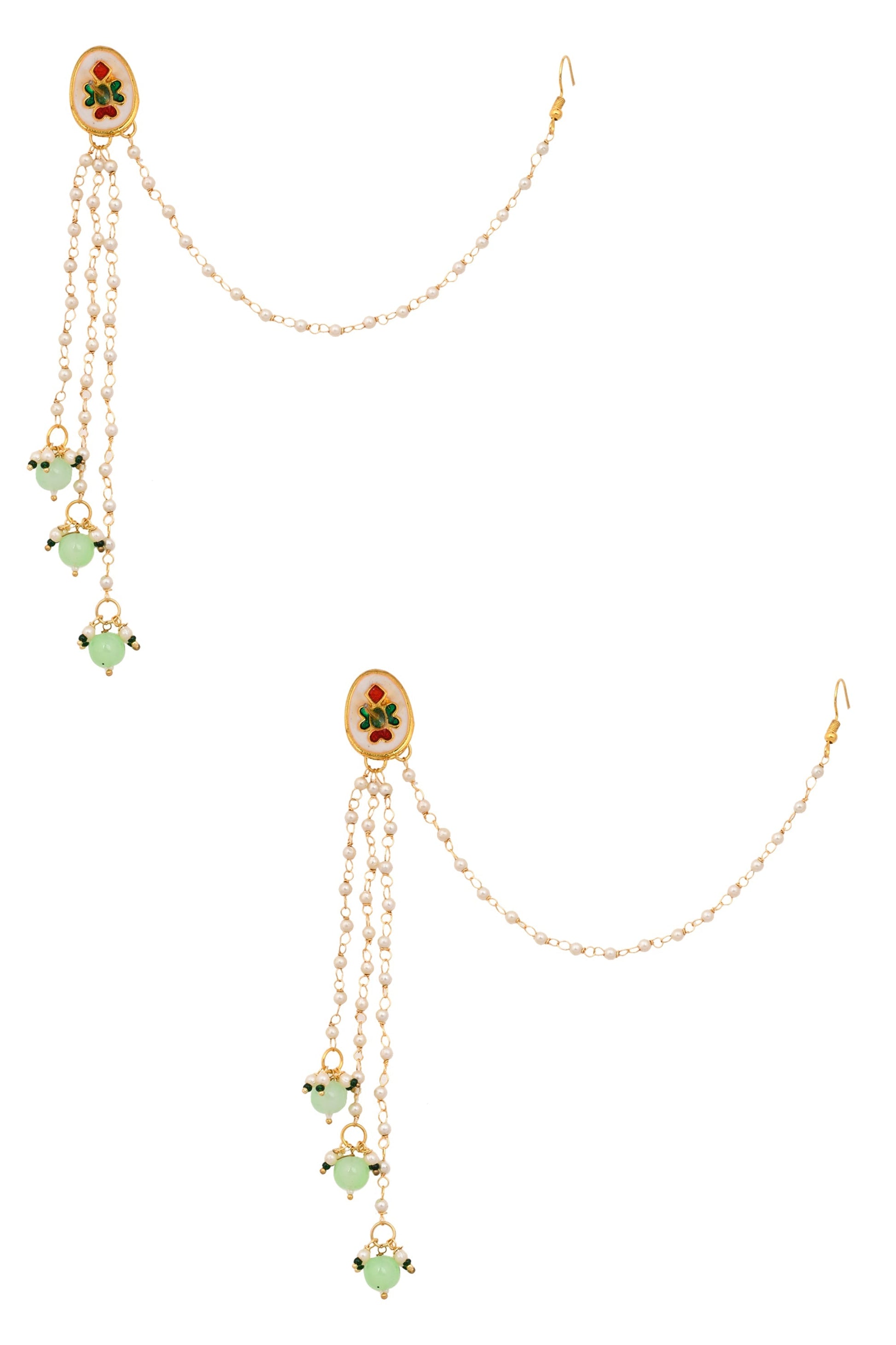 Gold Tone Kundan Inspired Pearl Tassel Earrings with Hair Chain