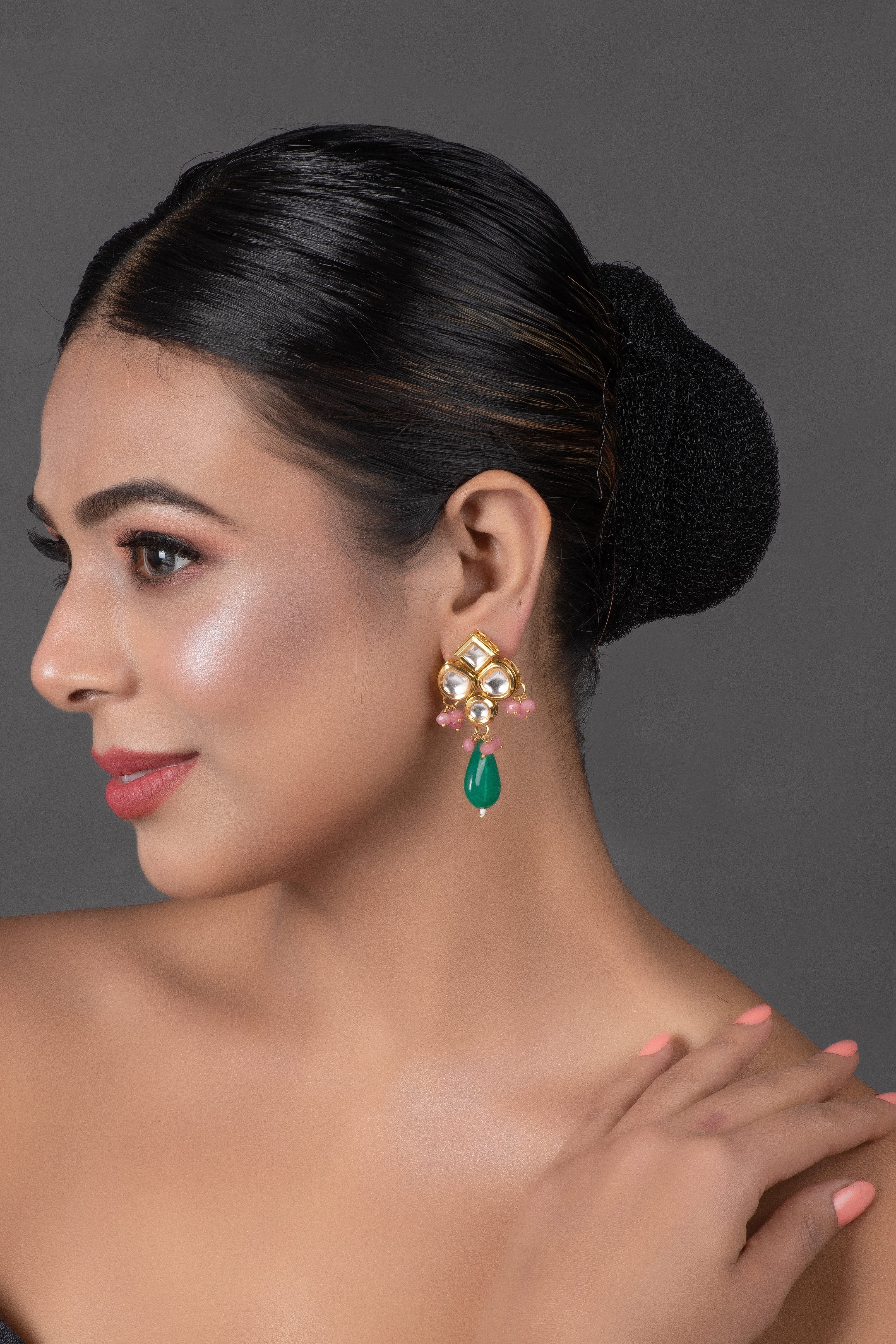 Green Pink beaded Kundan inspired earrings