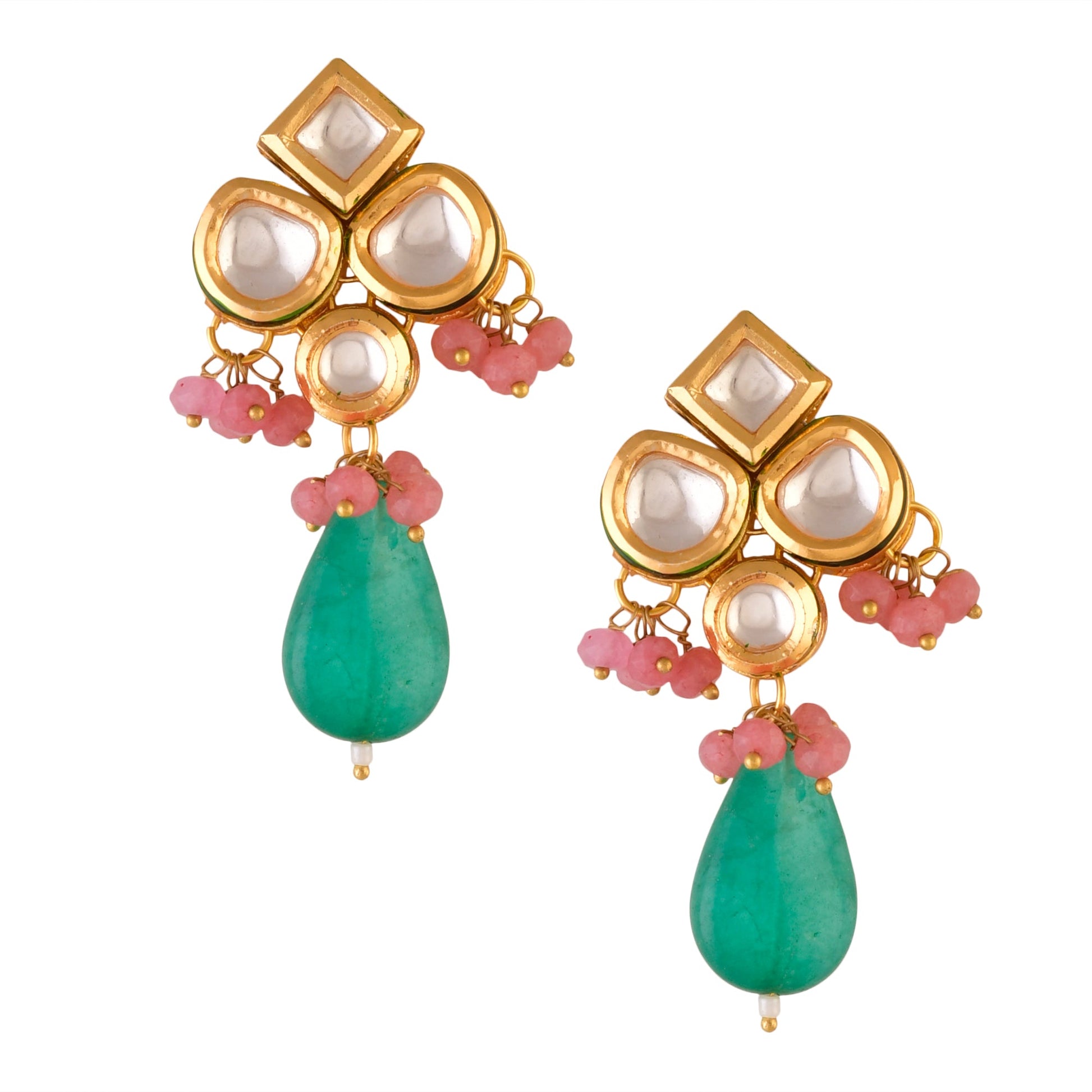 Green Pink beaded Kundan inspired earrings